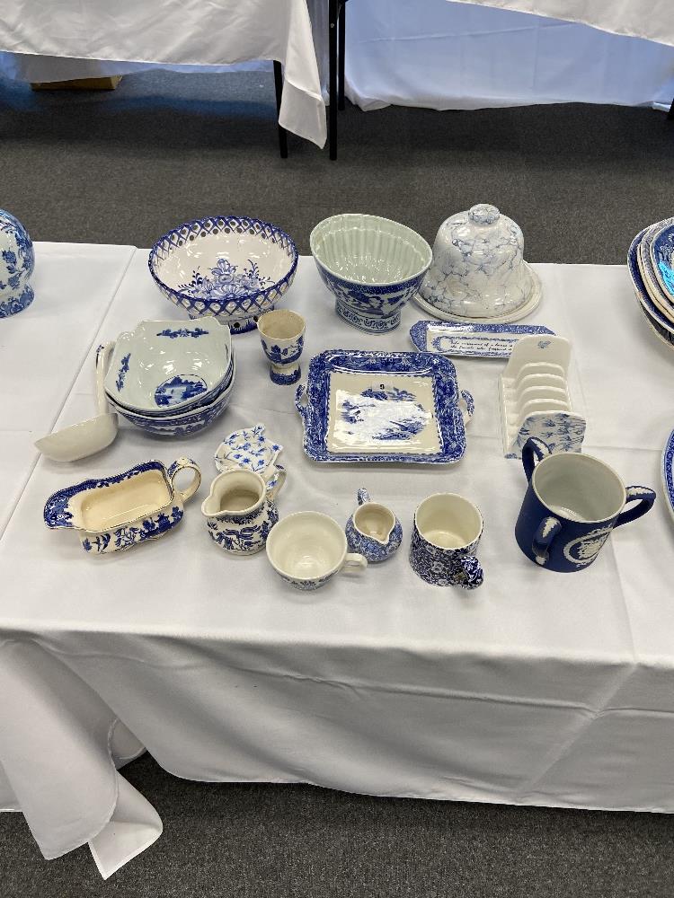 Adams jasperware jug and a qty of other blue and white pottery.15 items