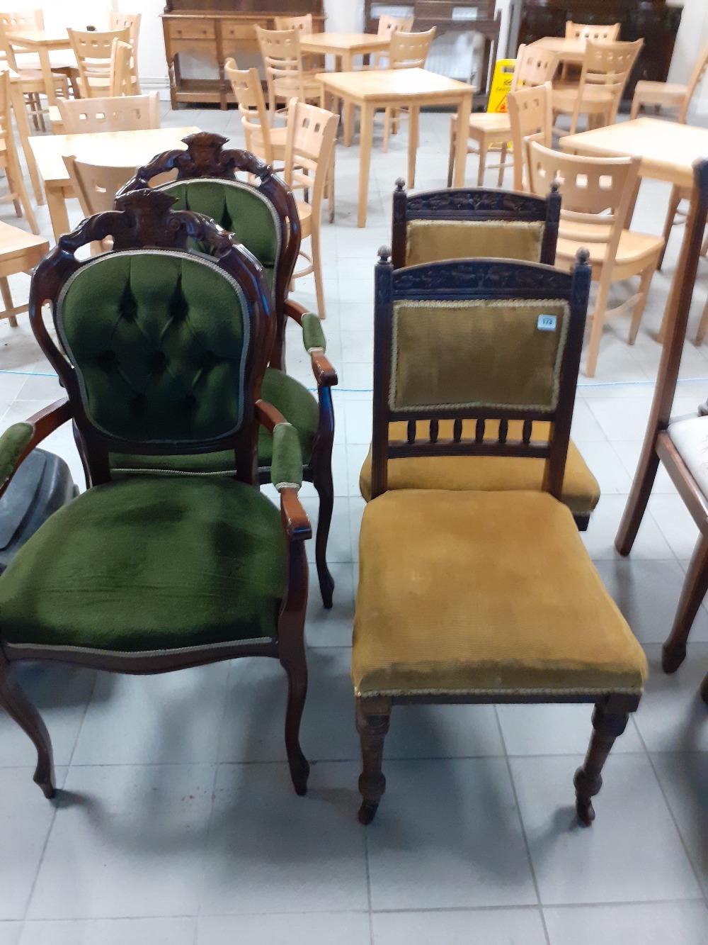 Two reproduction french armchairs and two Victorian armchairs