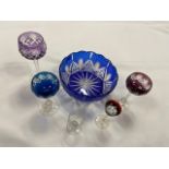 A bohemian blue cut glass bowl glasses etc 6 items