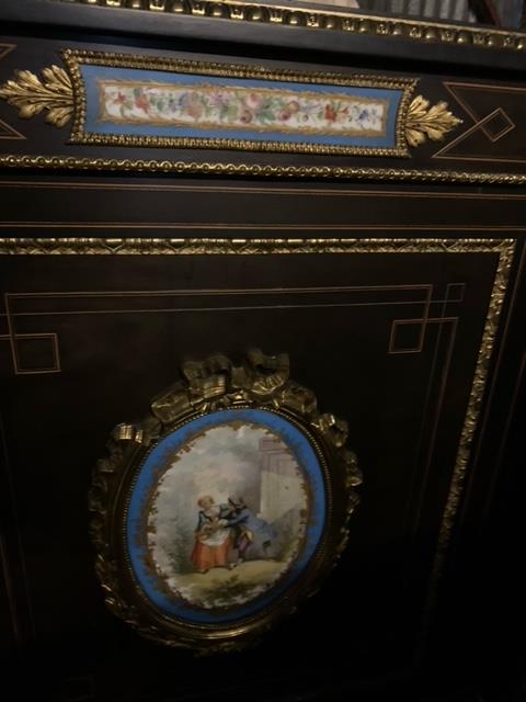 A Victorian ebonised Credenza inlaid with sevres style porcelain plaques circa 1870 68” long 45” hig - Image 12 of 13