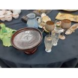 A qty of pottery including doulton bunnykins mugs and plates brass etc aprox 18 items.