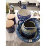 A reproduction blue and white jug and bowl jardinière etc 6 items