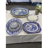 Five Victorian blue and white meat plates and a qty of other blue and white wares. 11 items