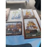 Three framed tile pictures depicting sailing galleons