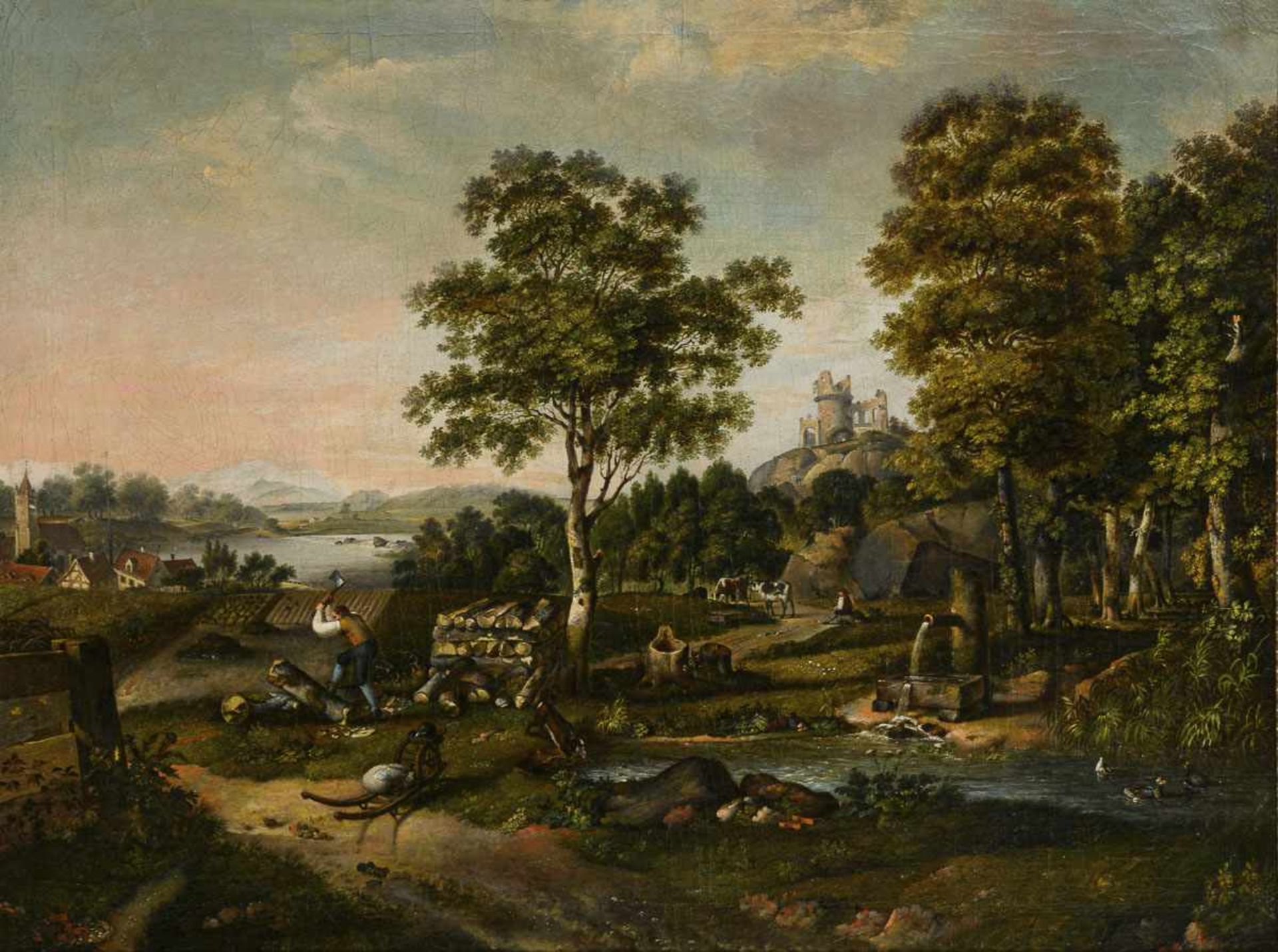 Barocker Maler 18. Jh.: Holzfäller in hügeliger Landschaft nahe Ruine <b