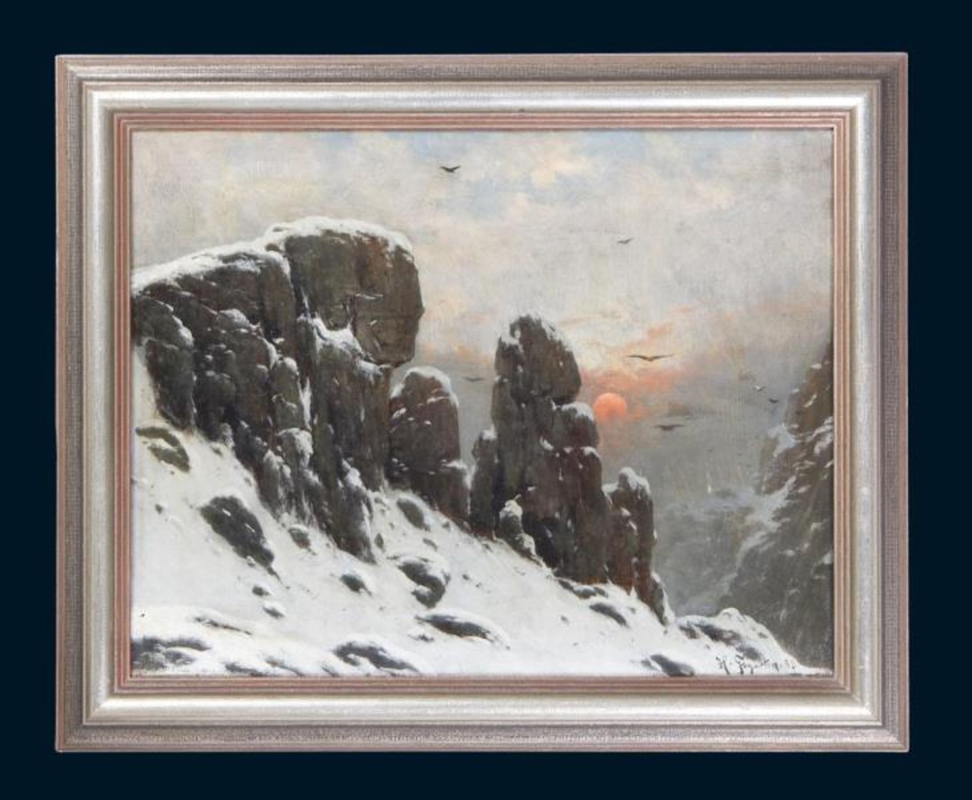 GOGARTEN, Henri (1850 Linz am Rhein - 1911 München). Verschneite alpine Felsen im Abendlicht.