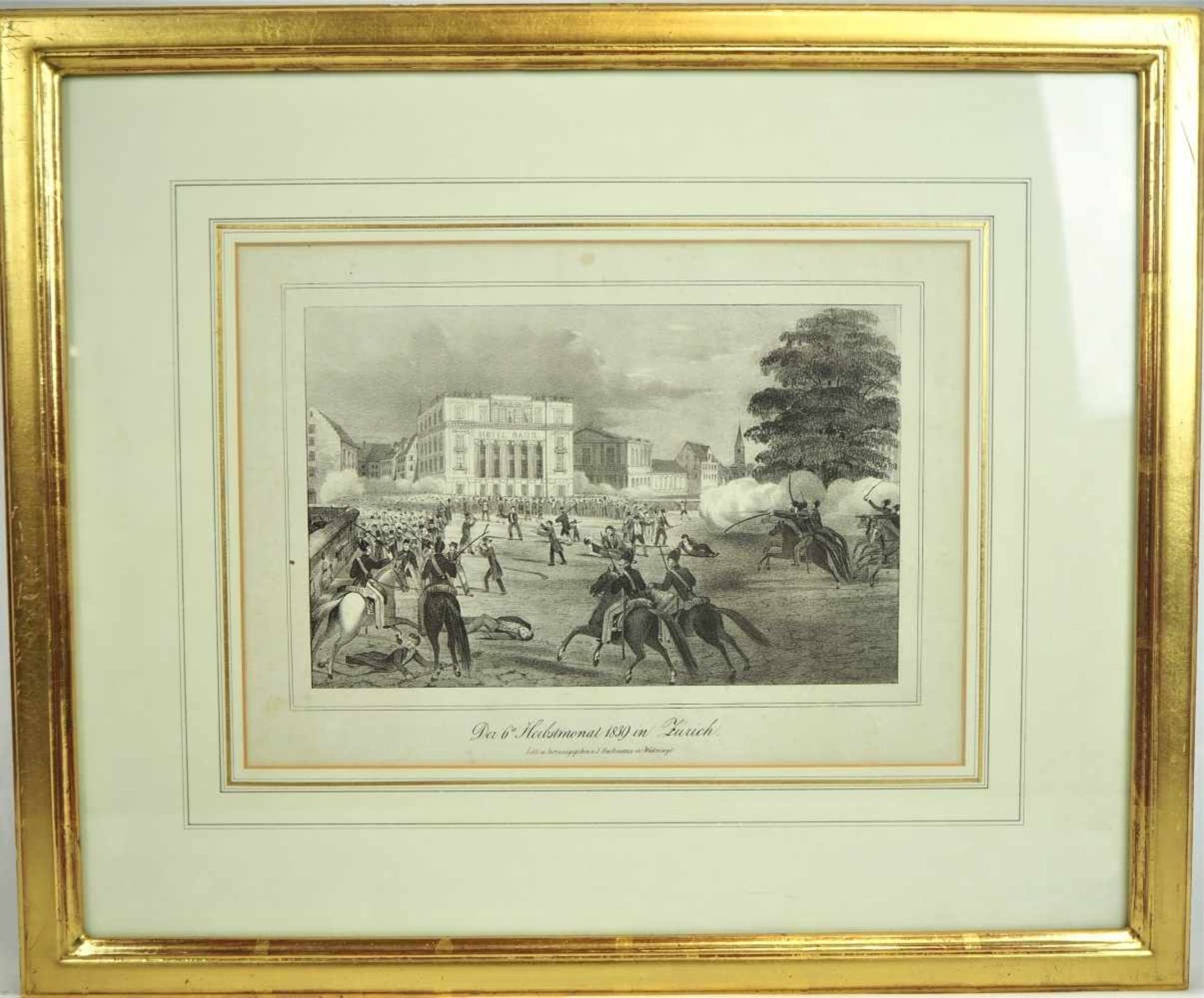 Stich, Aufstand in ZürichDatiert 1839, im Passepartout unter Glas gerahmt. Schöne blattvergoldete