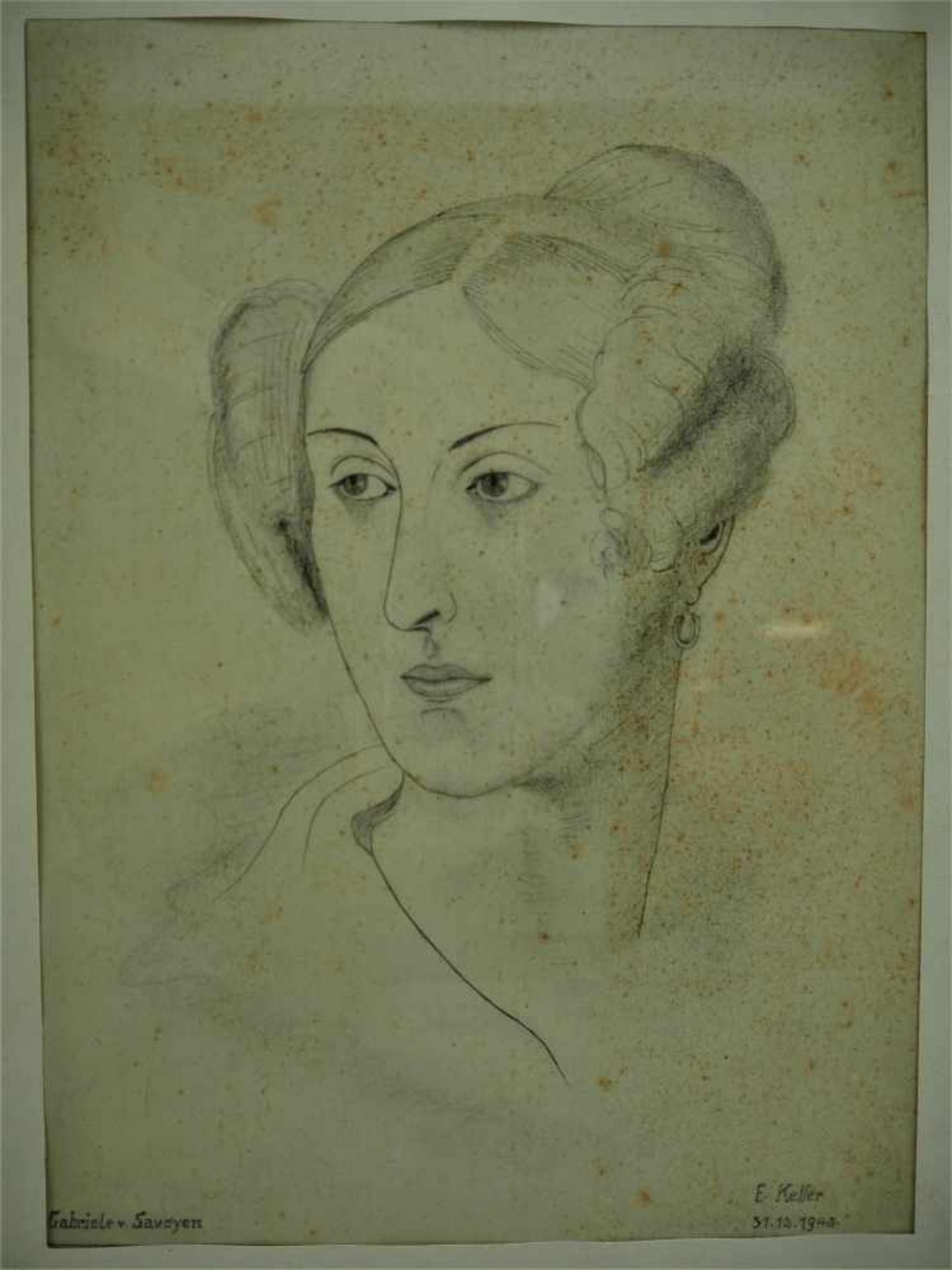 Frauenportrait, Gabriele von SavoyenBleistiftradierung auf Papier (vergilbt). Signiert und