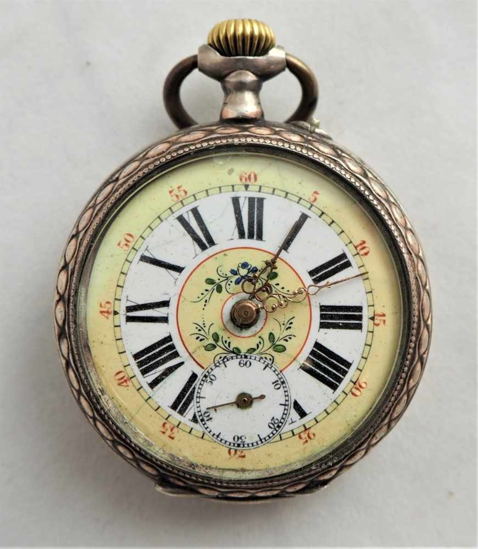 Alpenländische Taschenuhr um 1880Silbergehäuse gepunzt. Staubdeckel Metall. Ziffernblatt emailliert,