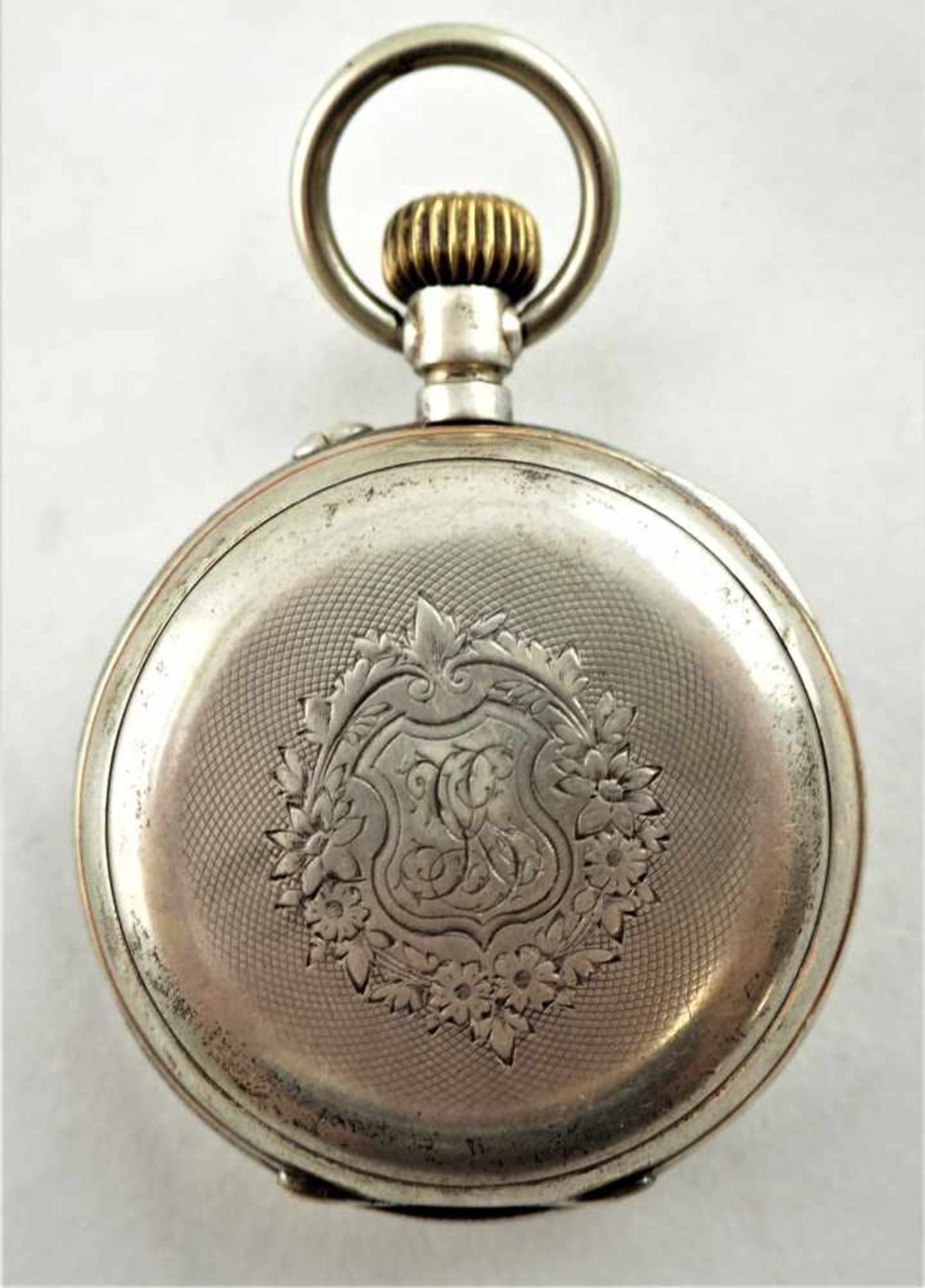 Taschenuhr, um 1900Silbergehäuse mit Punzen. Emailliertes Zifferblatt intakt und original gebläute - Bild 2 aus 3