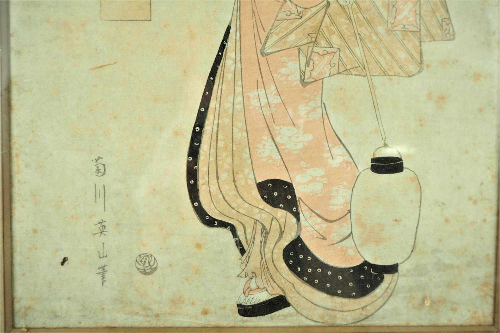 Hokusai, die GeishaJapanischer Farbholzschnitt, signiert mit japanischem Schriftzug, 19. Jhd. Im - Bild 3 aus 3
