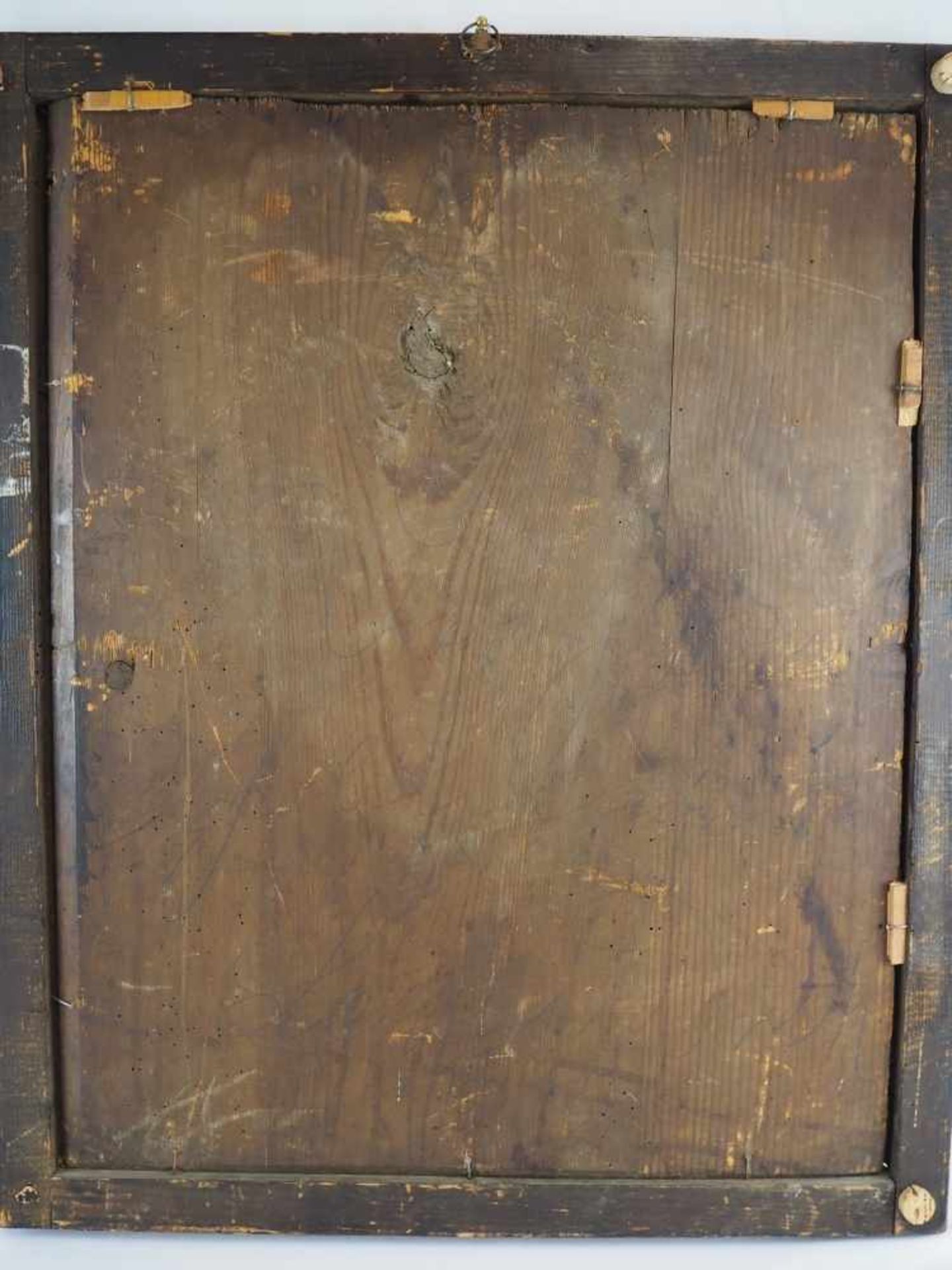 Gemälde, Öl auf Holz, wohl 18. Jhd.Auf dicker Holzplatte gemalte Dorfszene mit Personen und - Bild 2 aus 2