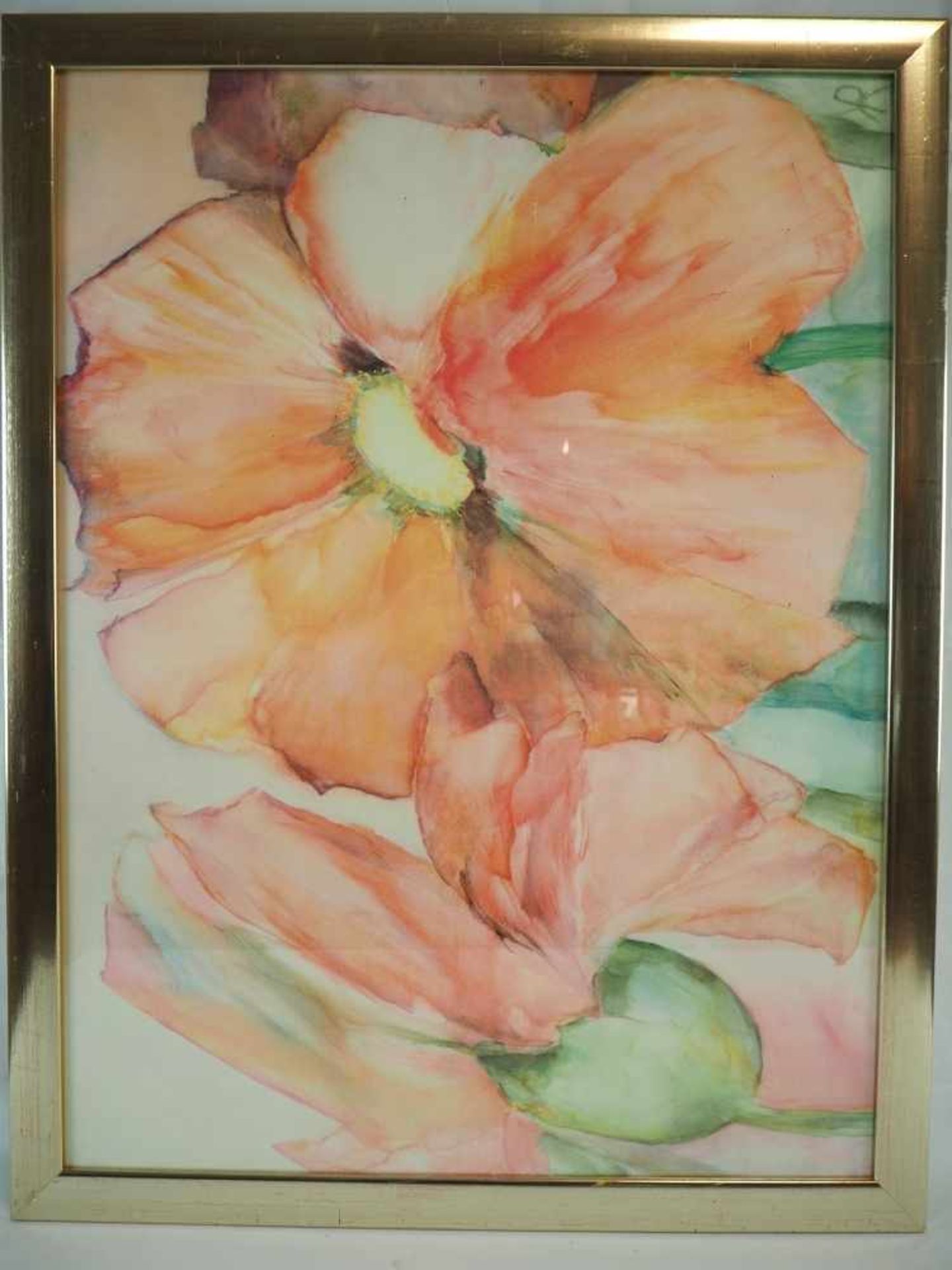 Großes AquarellAuf Papier gemalt, dezente Farben, Darstellung großer Blüten. Rechts unten