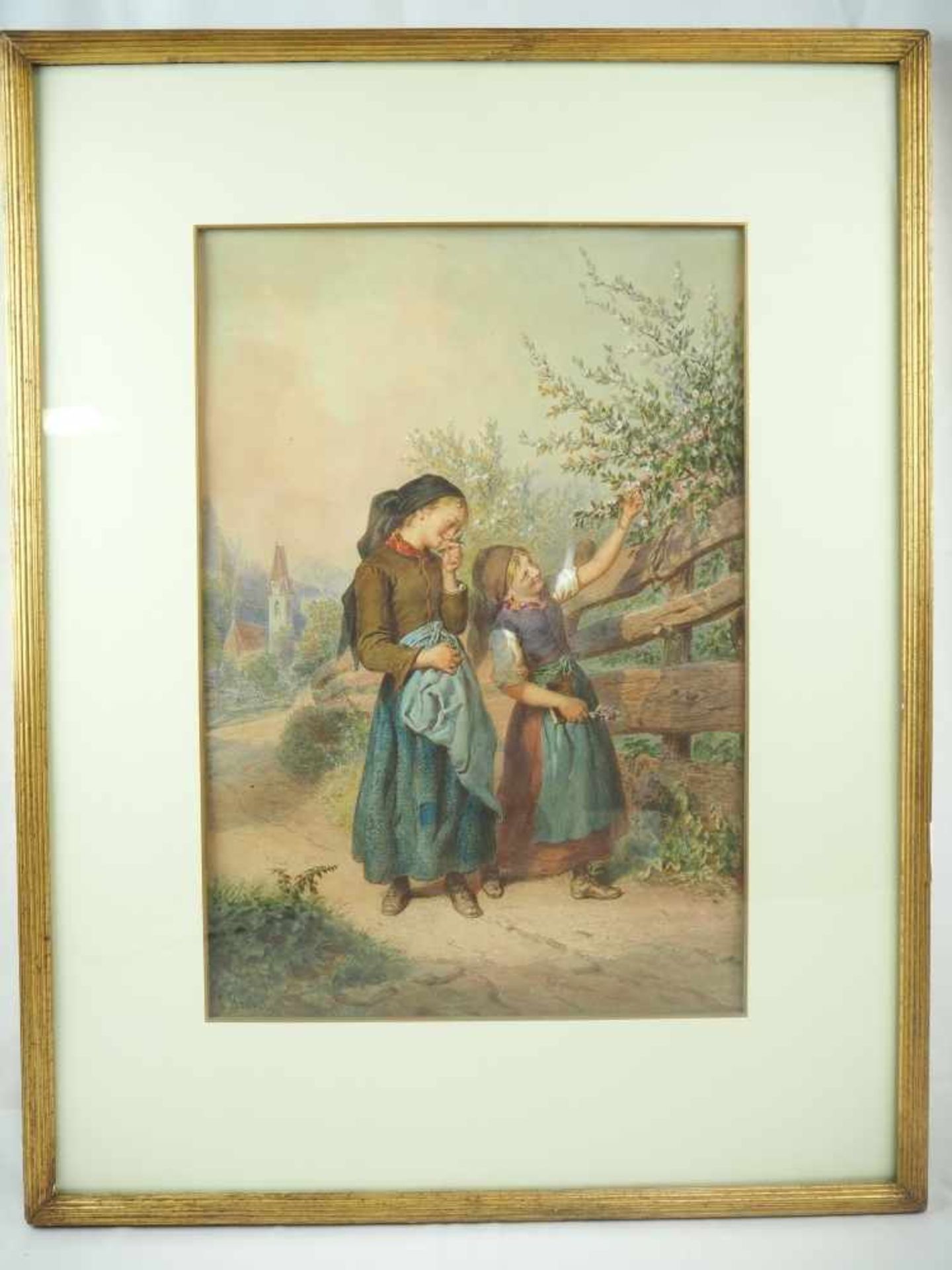 Carl Goebel 1824 Wien-1899 WienAquarell, zwei kleine Mädchen in Frühlingsidylle. Links unten - Bild 4 aus 4