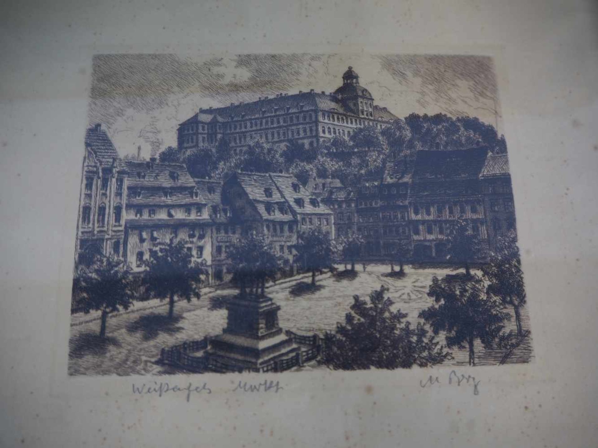 Drei SticheBestehend aus: Holzstich handschriftlich bezeichnet "Weißenfeld Marktplatz", etwas - Bild 2 aus 4