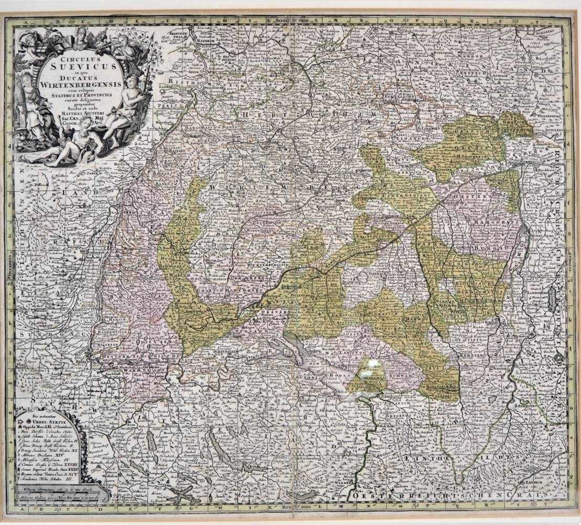 Karte Württemberg, wohl 1750Kupferstich, wohl Matheus Säuter in schmaler Silberleiste, gerahmt.