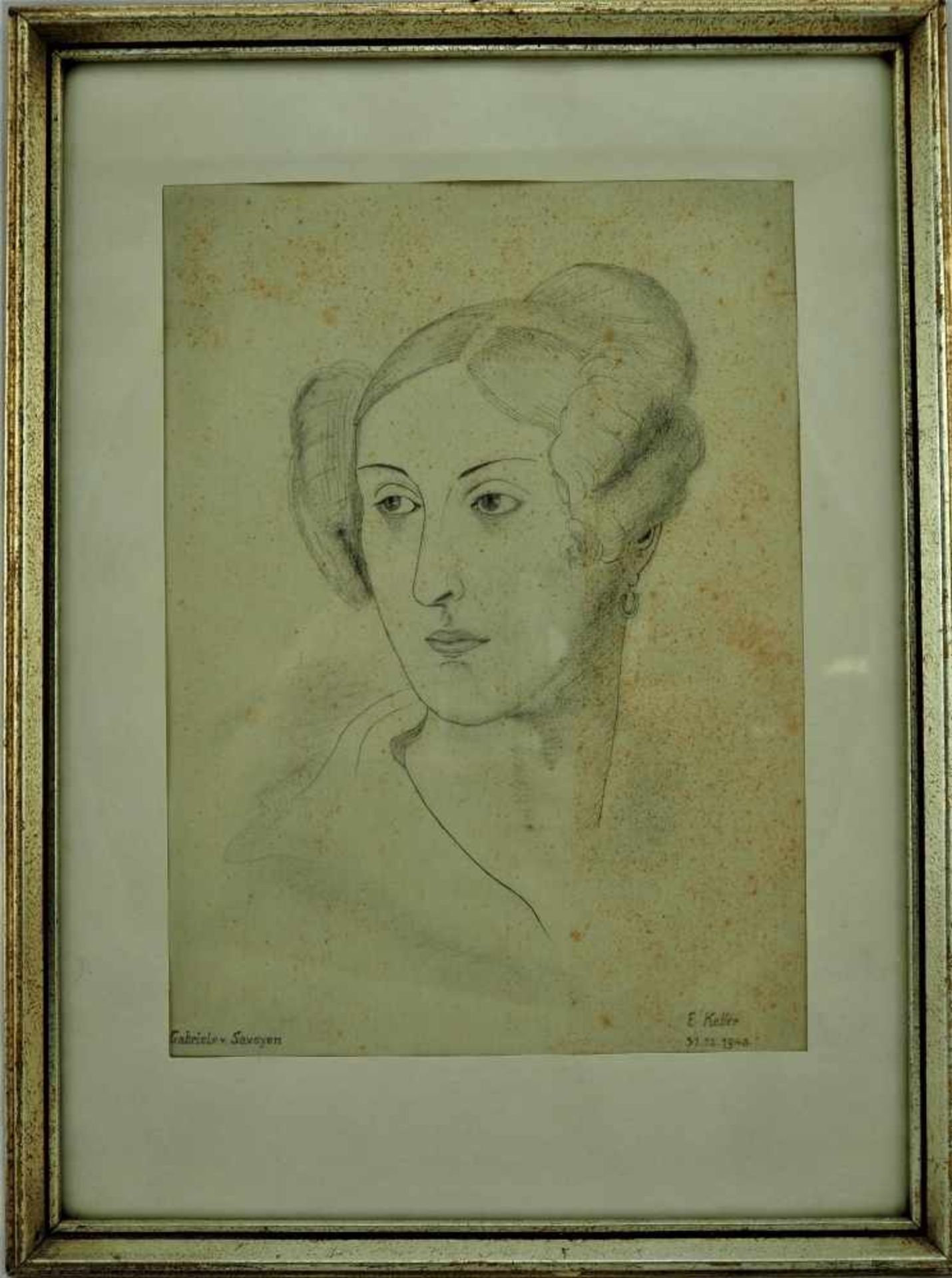 Frauenportrait, Gabriele von SavoyenBleistiftradierung auf Papier (vergilbt). Signiert und - Bild 2 aus 2