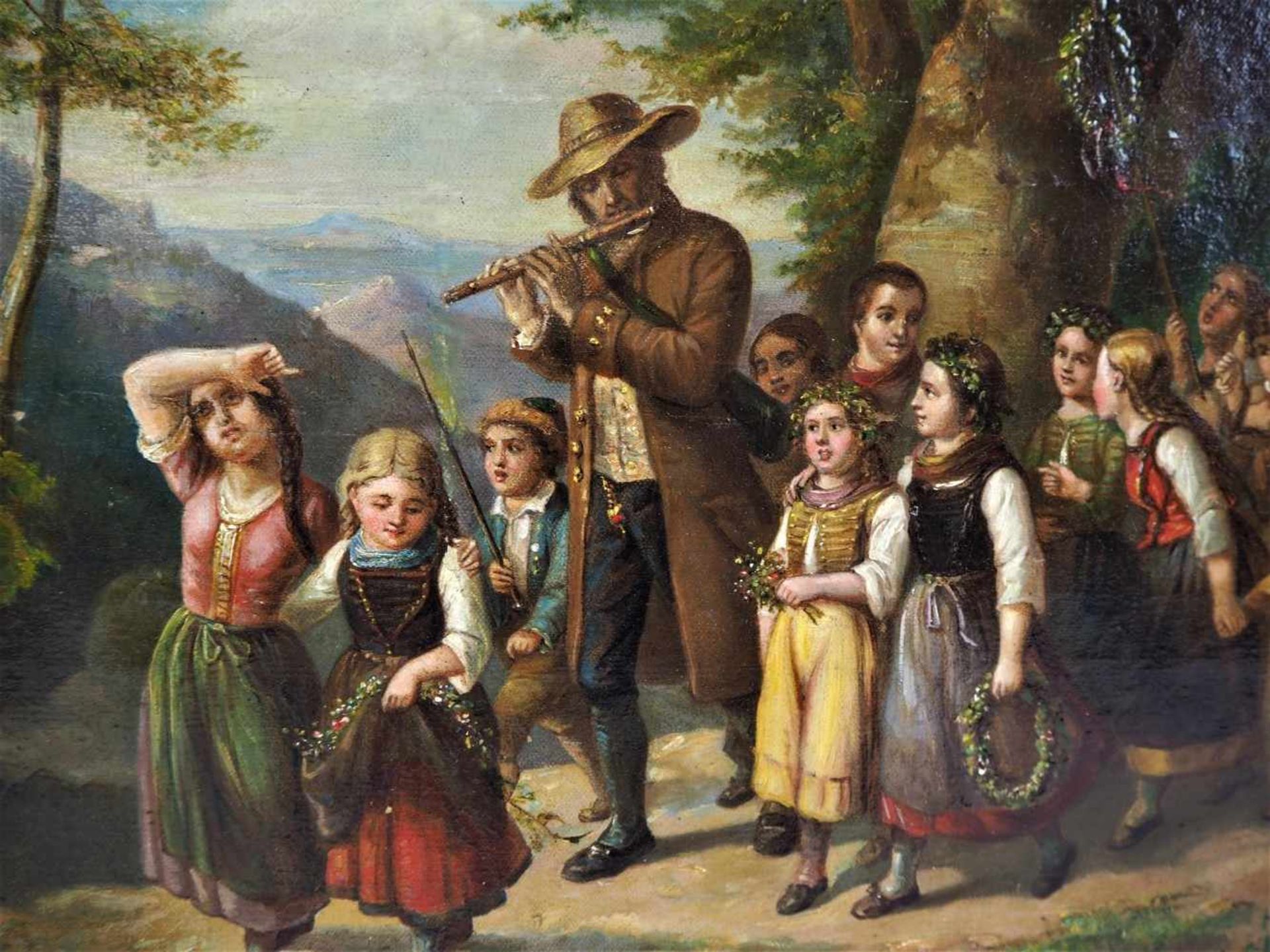 Biedermeier Gemälde 1820/1830Biedermeierlicher Schulausflug. Wohlgelaunte, lustige Kinderschar in - Bild 2 aus 3