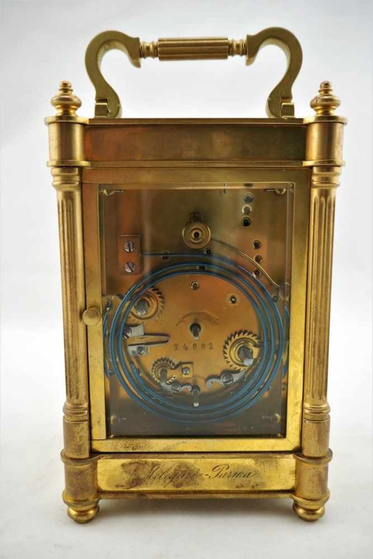 Französische Reiseuhr, um 1890Halbstunden-Selbstschlag und Stundenrepetition. Wecker. 8 Tage - Bild 2 aus 3