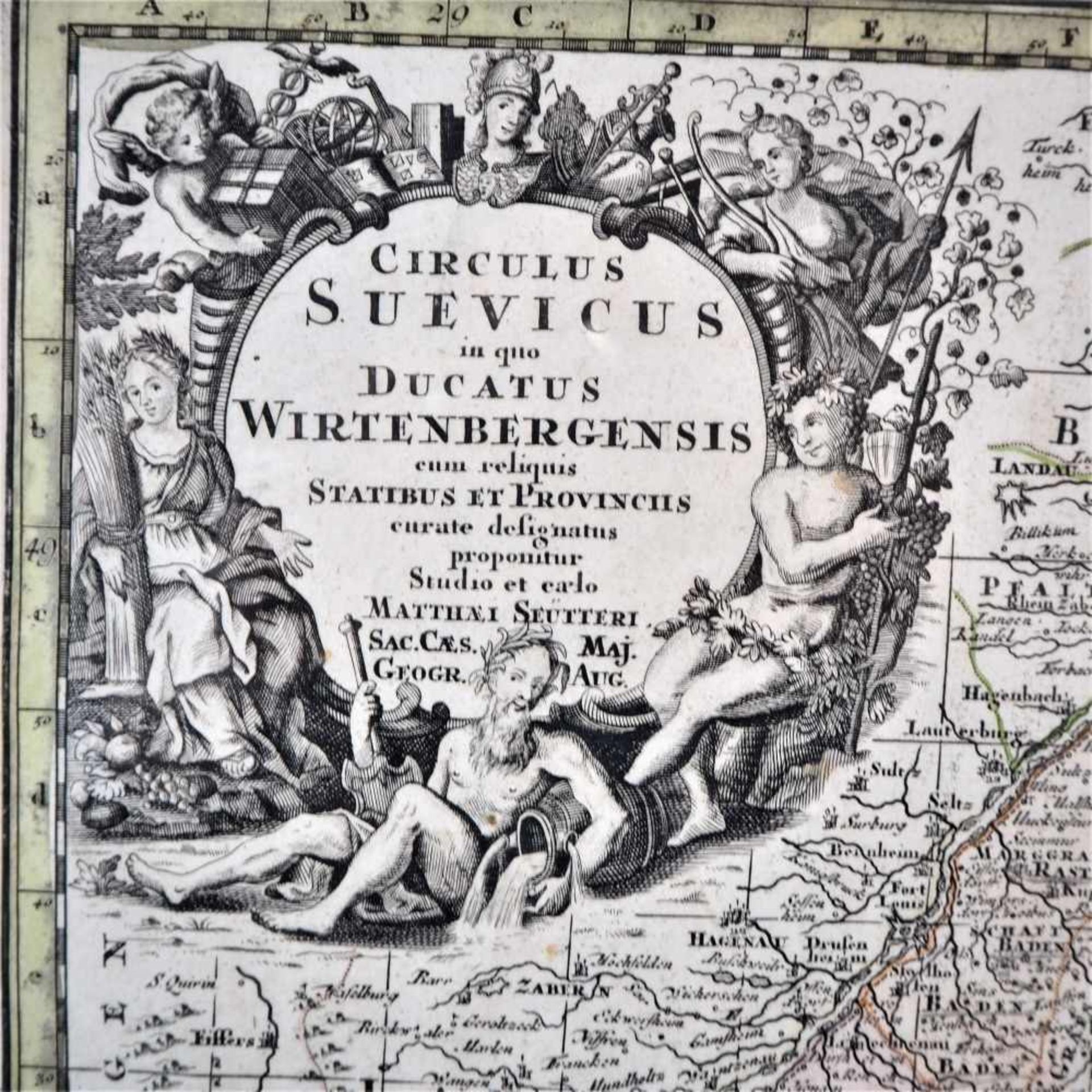 Karte Württemberg, wohl 1750Kupferstich, wohl Matheus Säuter in schmaler Silberleiste, gerahmt. - Bild 2 aus 3
