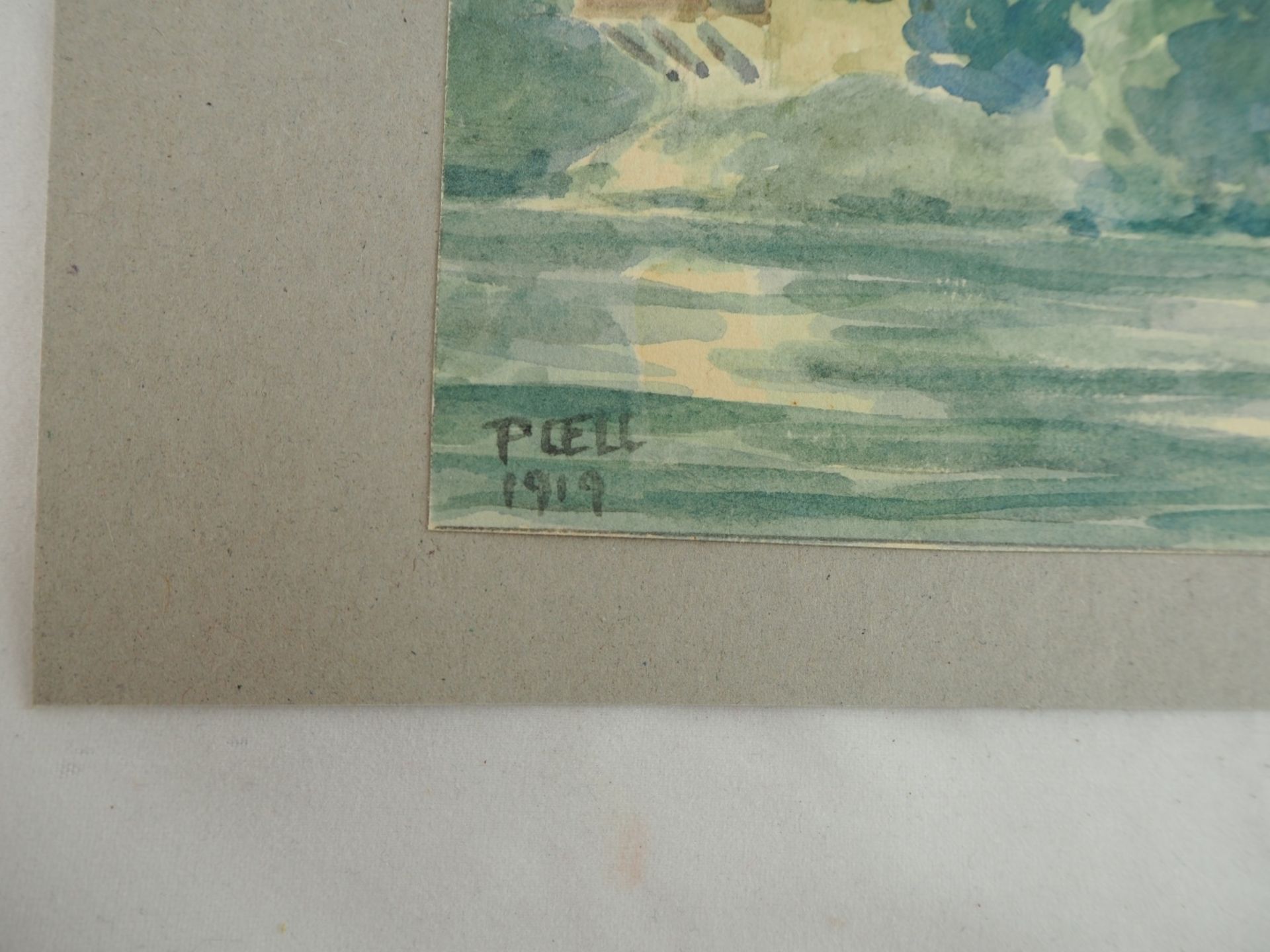 Aquarell - Blick auf Ortschaft am Seelinks unten signiert und datiert "POELL 1919 - Bild 2 aus 4