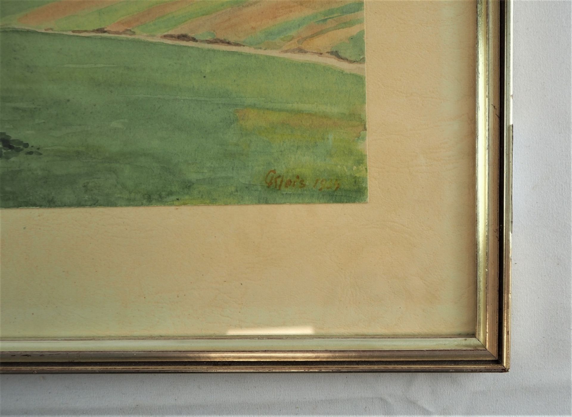 Landschaft mit Feldern und Wäldchen - sign. "C. Kleis 1934"auf Papier. Filigran ausgefüh - Bild 2 aus 2