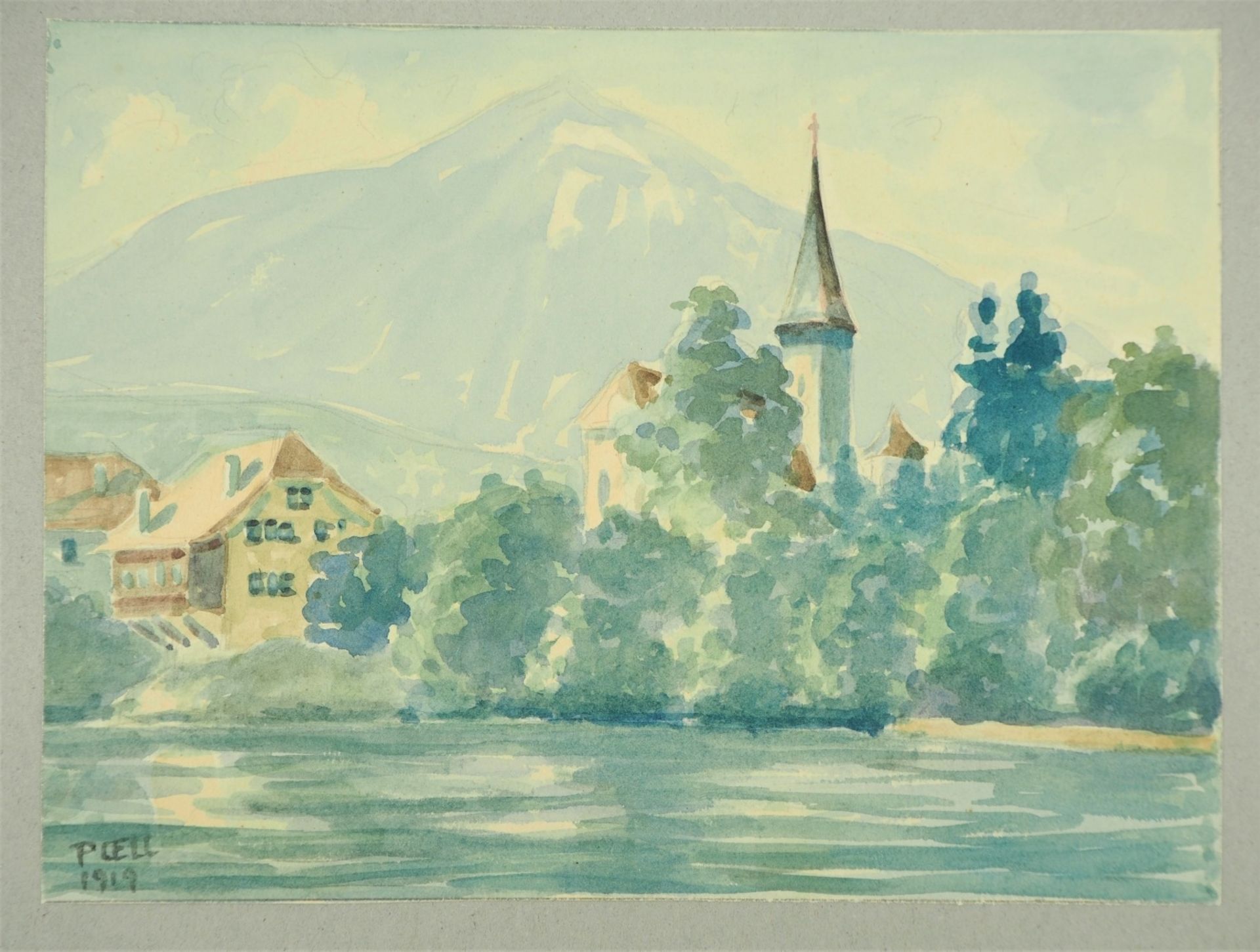 Aquarell - Blick auf Ortschaft am Seelinks unten signiert und datiert "POELL 1919