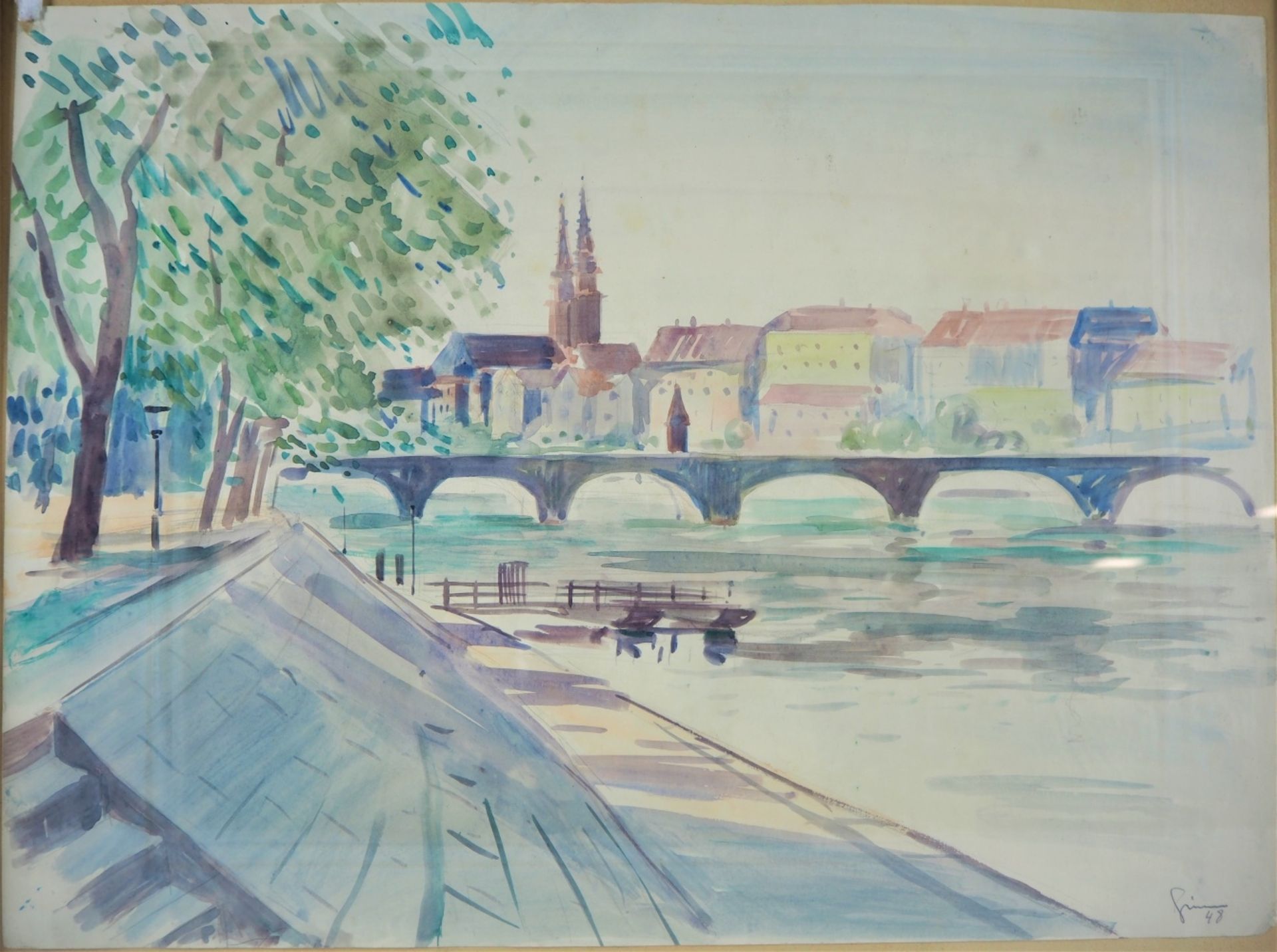 Alfons Grimm (1889 - 1954, Zürich) - Aquarell Rheinpromenade Basel, 1948auf Papier, sign