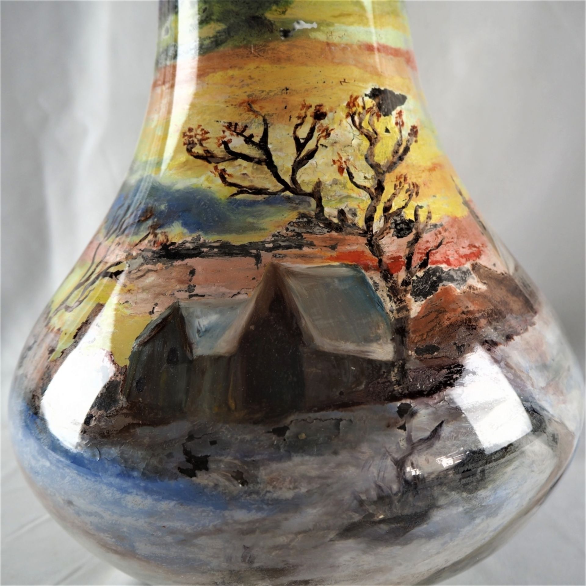 Große Vase bemaltaus durchsichtigem Glas, mit Innenbemalung Landschaft (kaltbemalt), sta - Bild 2 aus 5