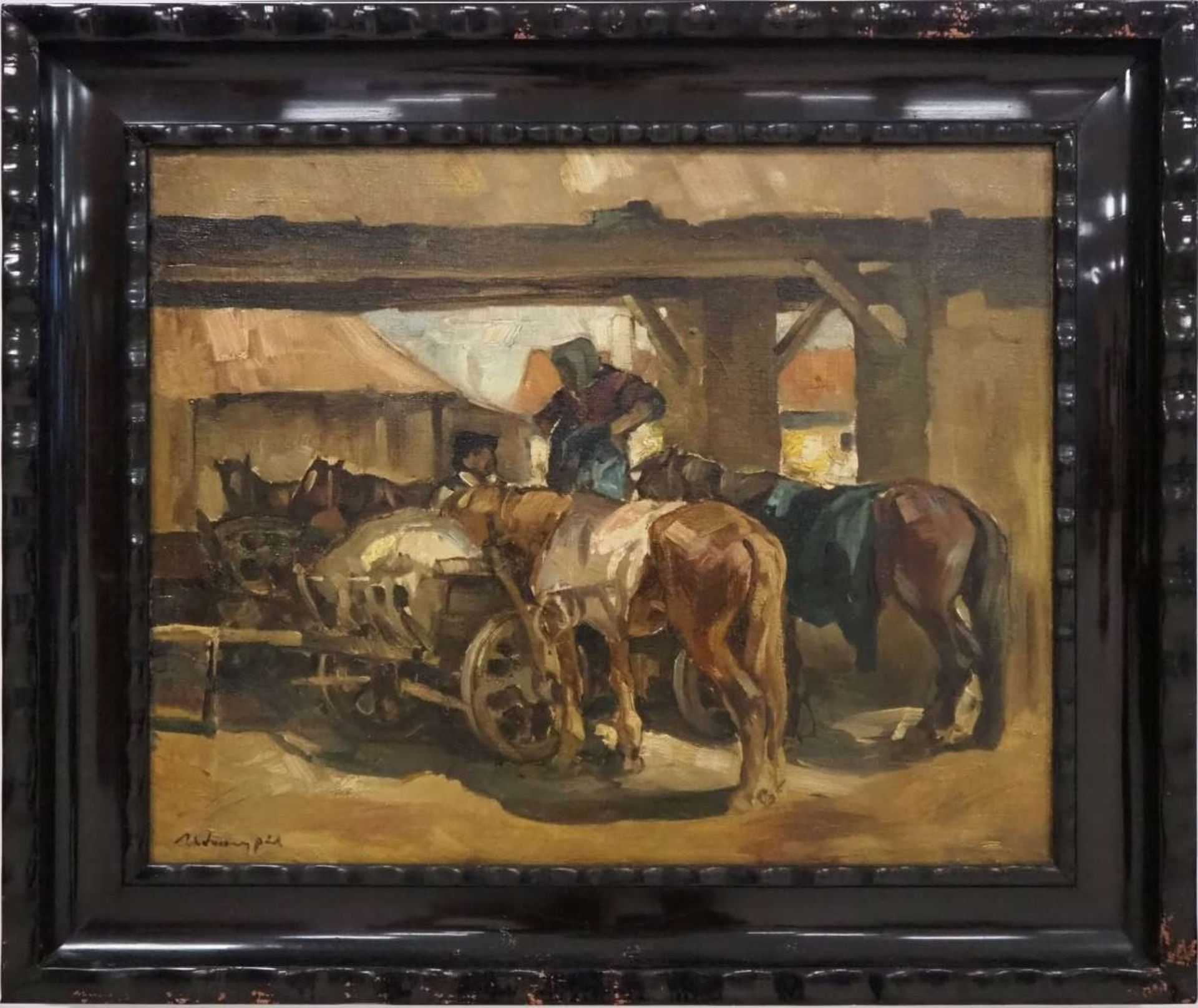 Gemälde ländliche Szenerie mit Pferden, sign. Udvary PálÖl auf Leinwand in originaler Ra