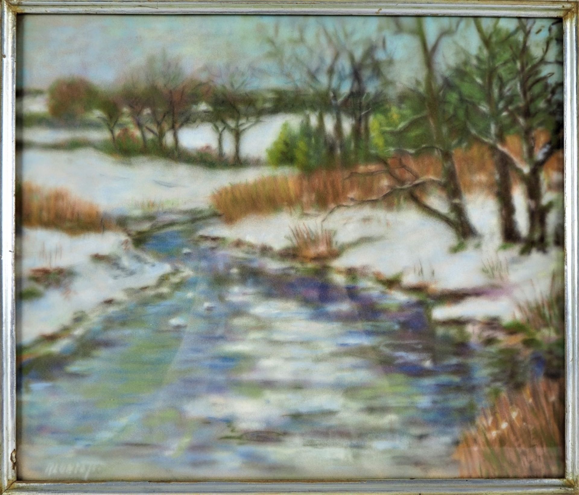 Pastell Winterlandschaft - unleserlich signiertPastellkreide auf Platte, Signatur unten - Bild 2 aus 3