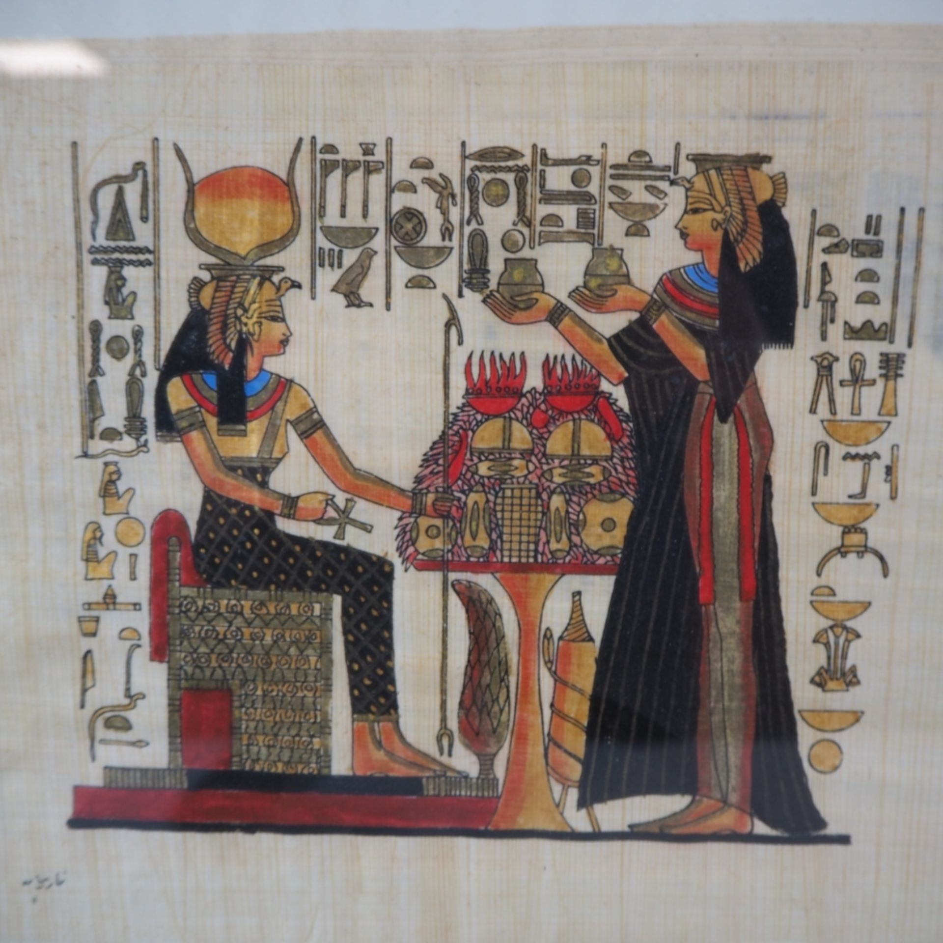 Drei Ägyptische Bilderim goldfarbenem Rahmen, auf Papyrus gemalt, Links unten signiert, - Bild 2 aus 5
