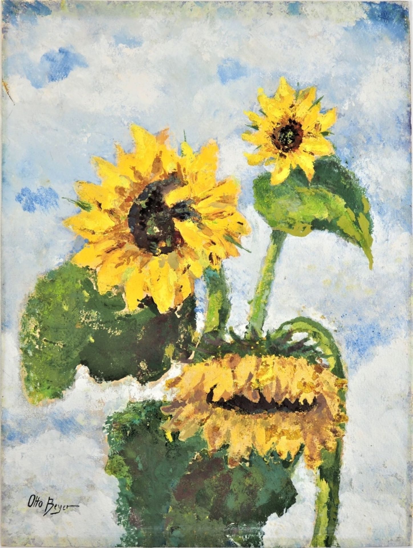 Sonnenblumen - sign. "Otto Beyer"Gouache auf Papier, Signatur unten links, verso mit Kle