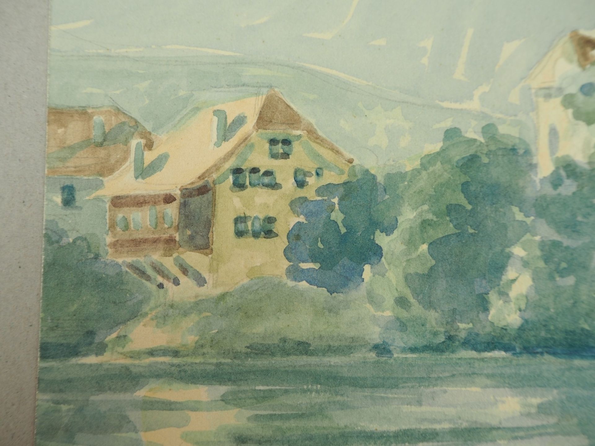 Aquarell - Blick auf Ortschaft am Seelinks unten signiert und datiert "POELL 1919 - Bild 3 aus 4