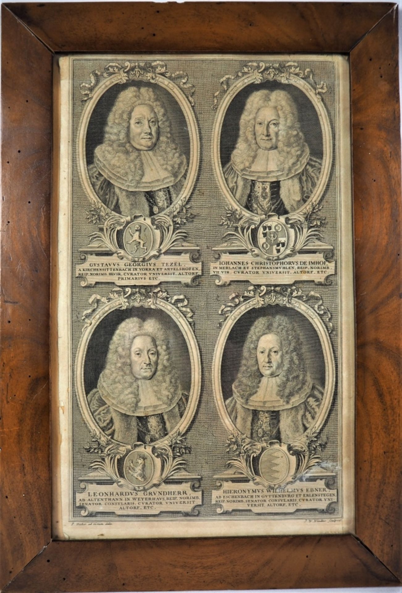 Stahlstich, vier Barock-Porträts, gestochen von J.W. Windter, wohl um 1700gerahmt unter