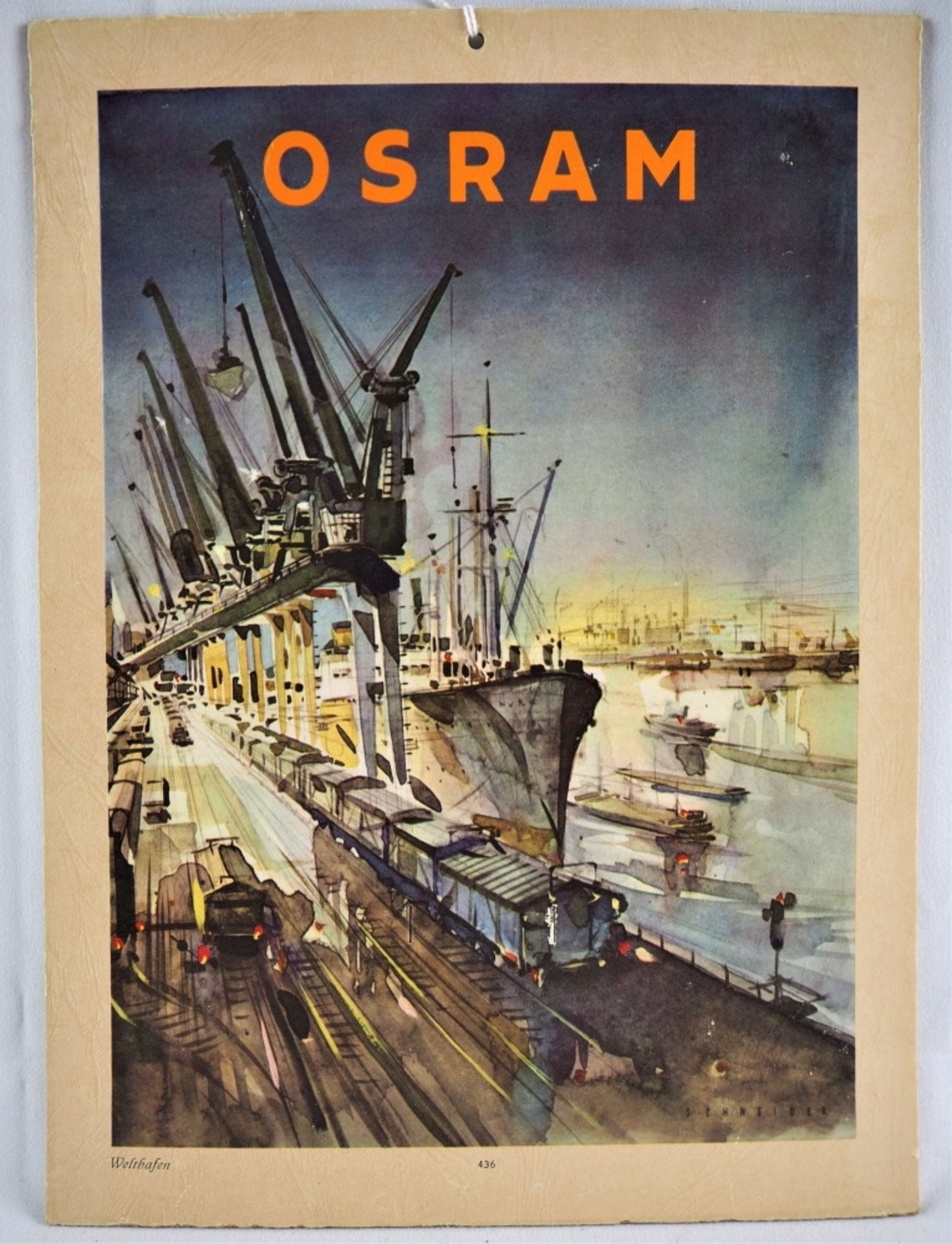 Werbeschild "Osram"Darstellung eines Hafens (wohl Hamburg) mit Lastkränen und Schiffen,