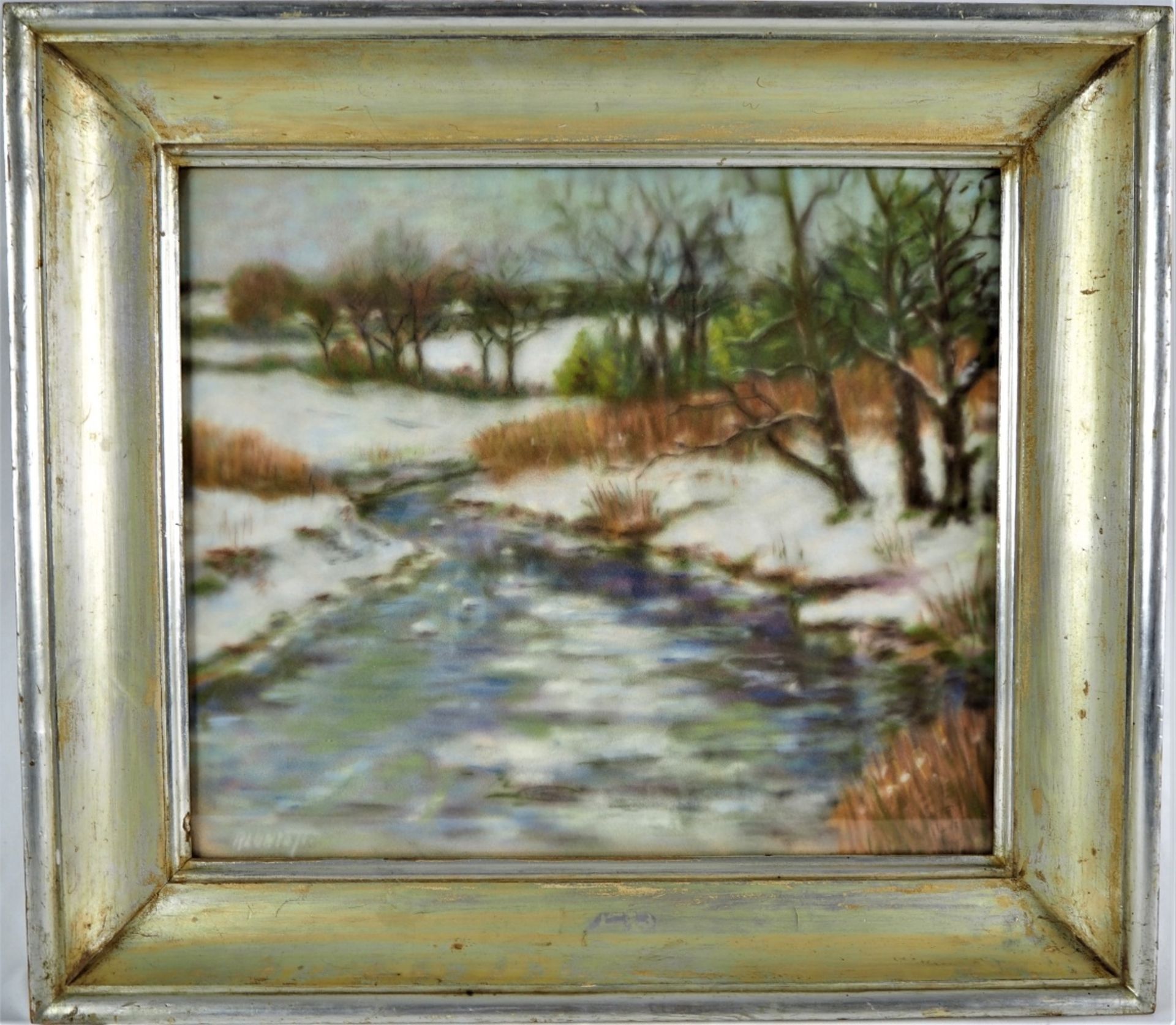 Pastell Winterlandschaft - unleserlich signiertPastellkreide auf Platte, Signatur unten