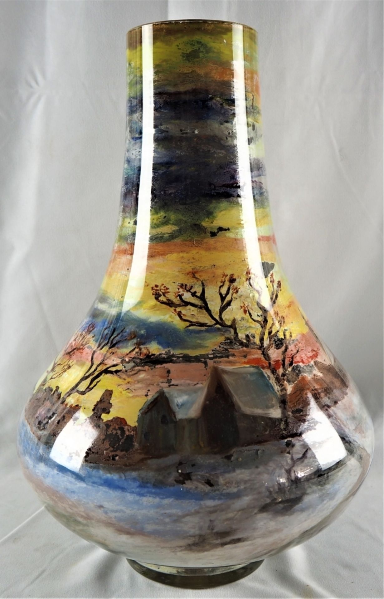 Große Vase bemaltaus durchsichtigem Glas, mit Innenbemalung Landschaft (kaltbemalt), sta