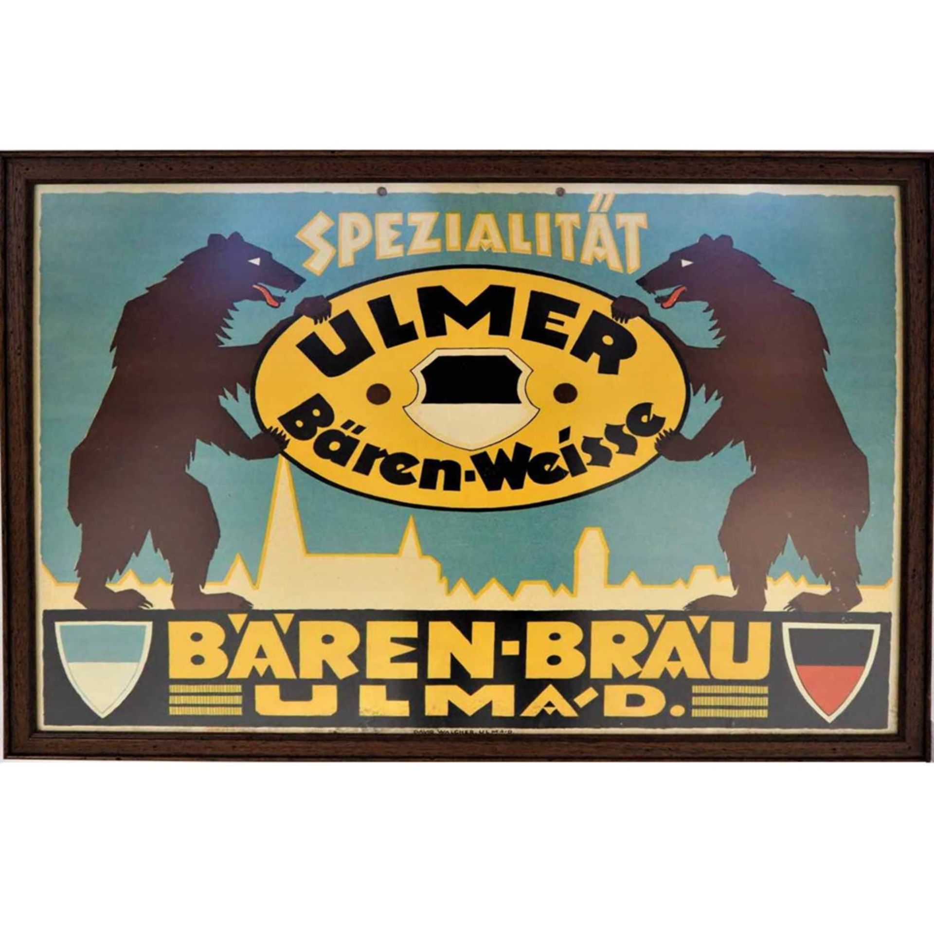 Bierwerbung Ulm, um 1930Lithographie auf Karton, um 1930, gerahmt unter Glas. "Spezialit