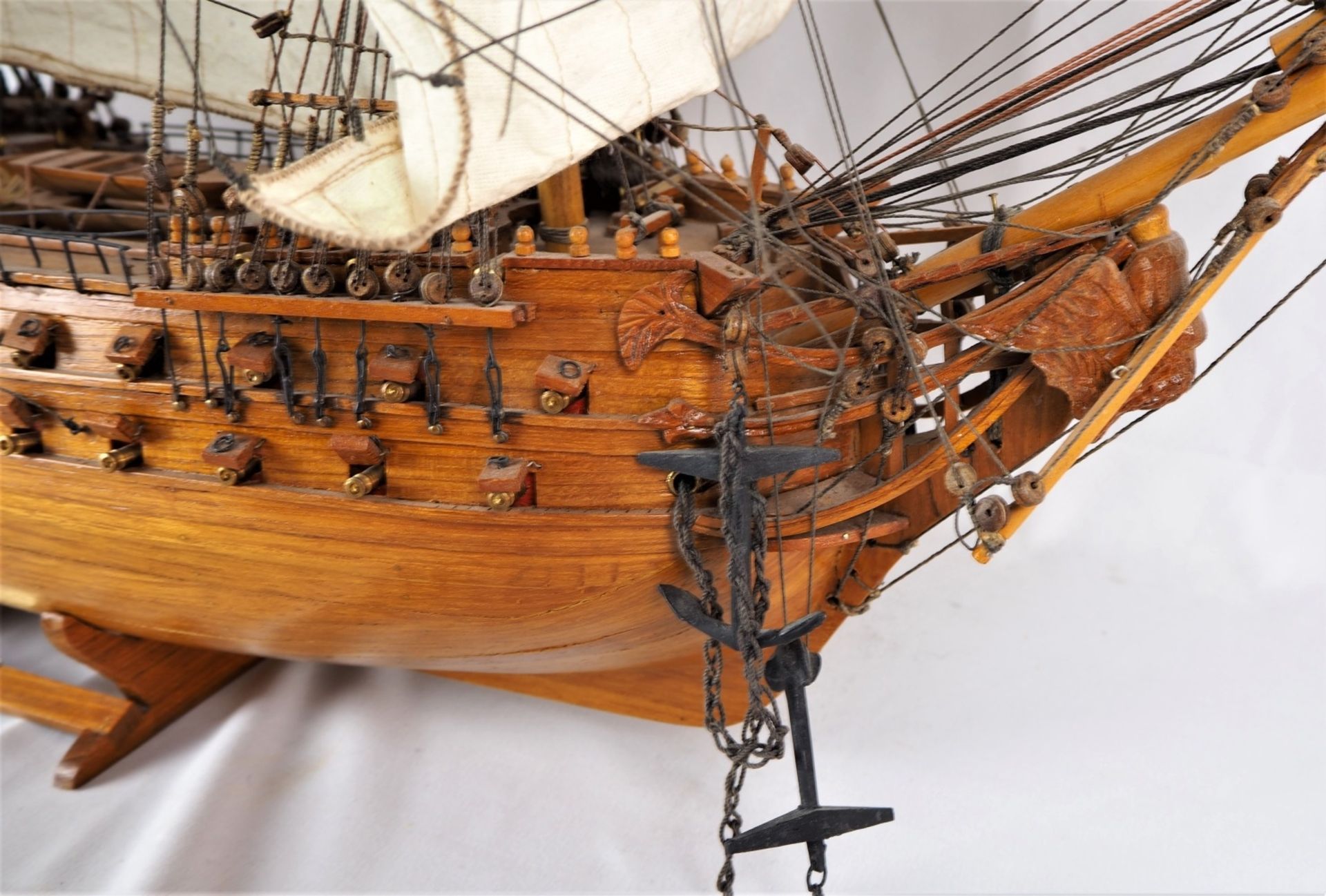 Französisches Schegelschiffmodell, 70er Jahrein feiner Handarbeit hergestelltes, großes - Bild 3 aus 10