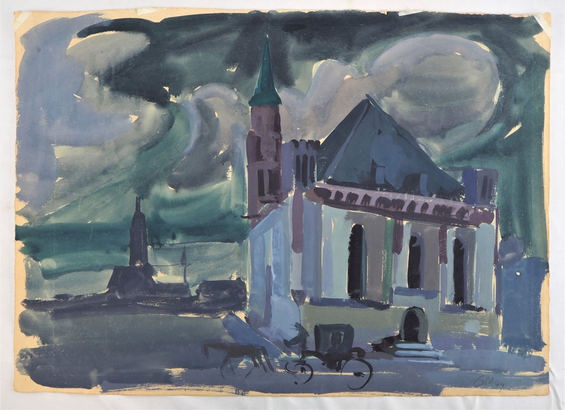 Gerhard Matzat (1921-1994) - Kirche und Pferdekutsche 1949Tempera auf Papier, unten rech