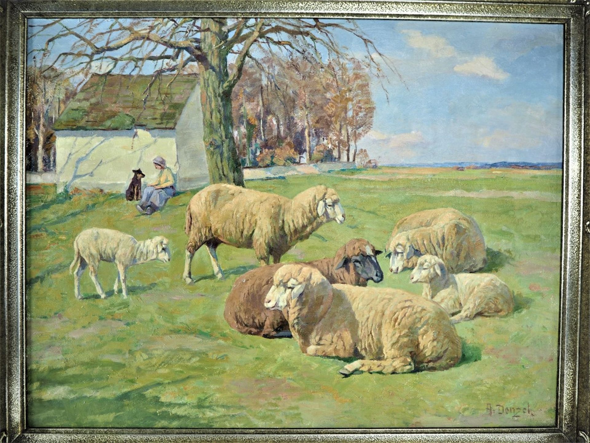 Anton Denzel (1888, Ehingen - 1962, Riedlingen) - Schafherde mit Hütte und WäldchenStudi