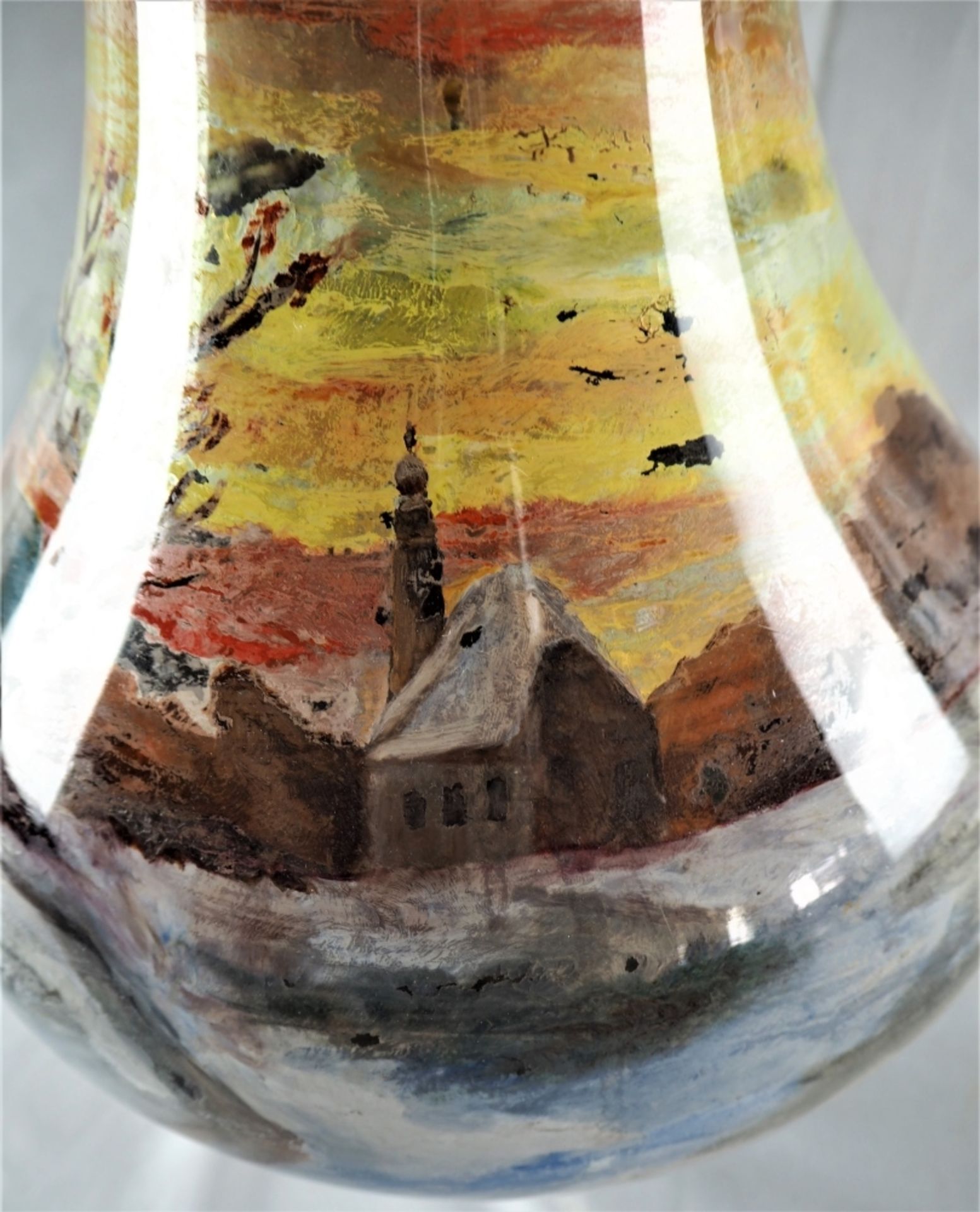 Große Vase bemaltaus durchsichtigem Glas, mit Innenbemalung Landschaft (kaltbemalt), sta - Bild 5 aus 5