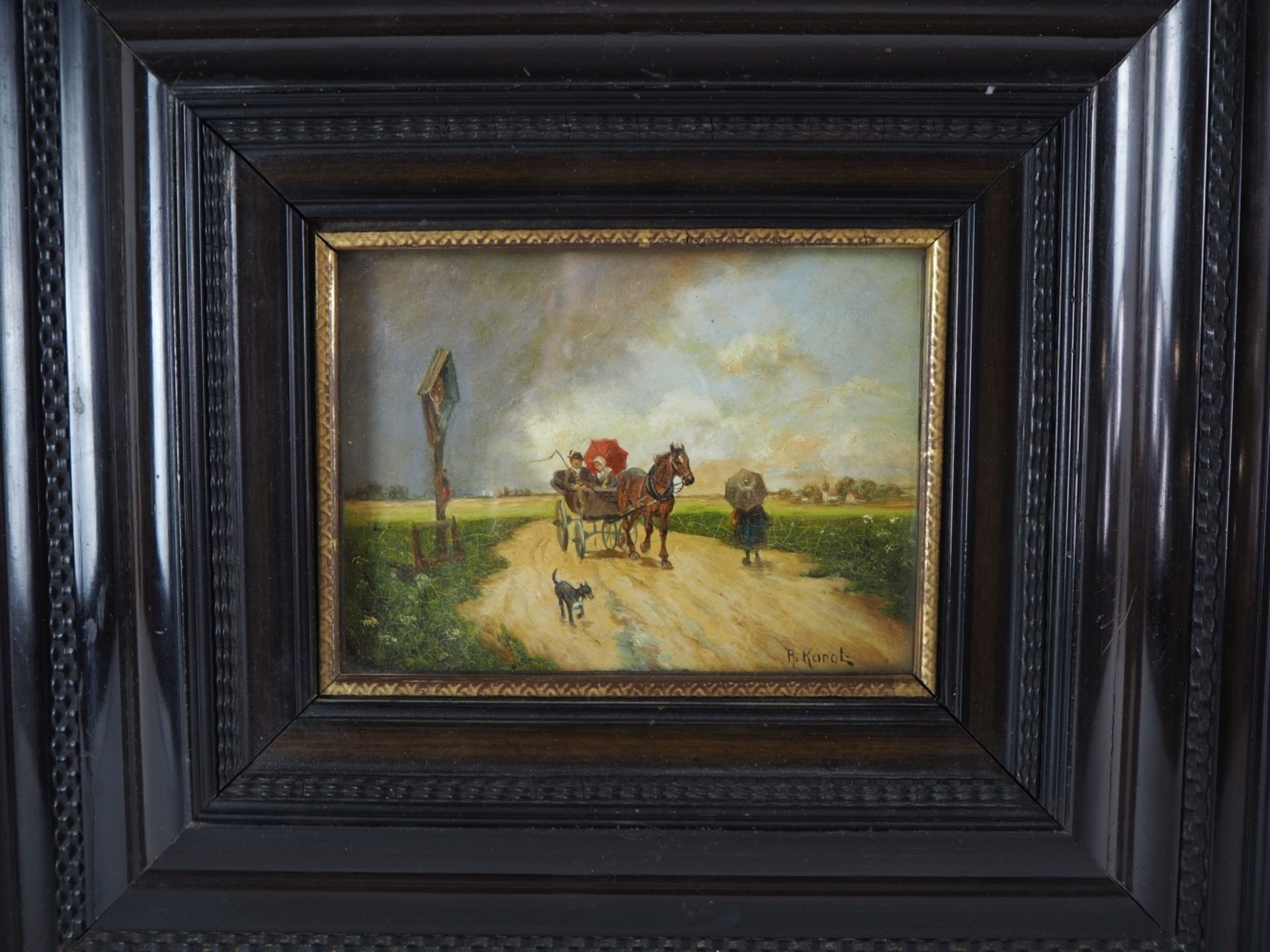 Kleines Gemälde Landschaft bei Gewitter, "R. Karol"auf Holzplatte gemalte Landschaft mit