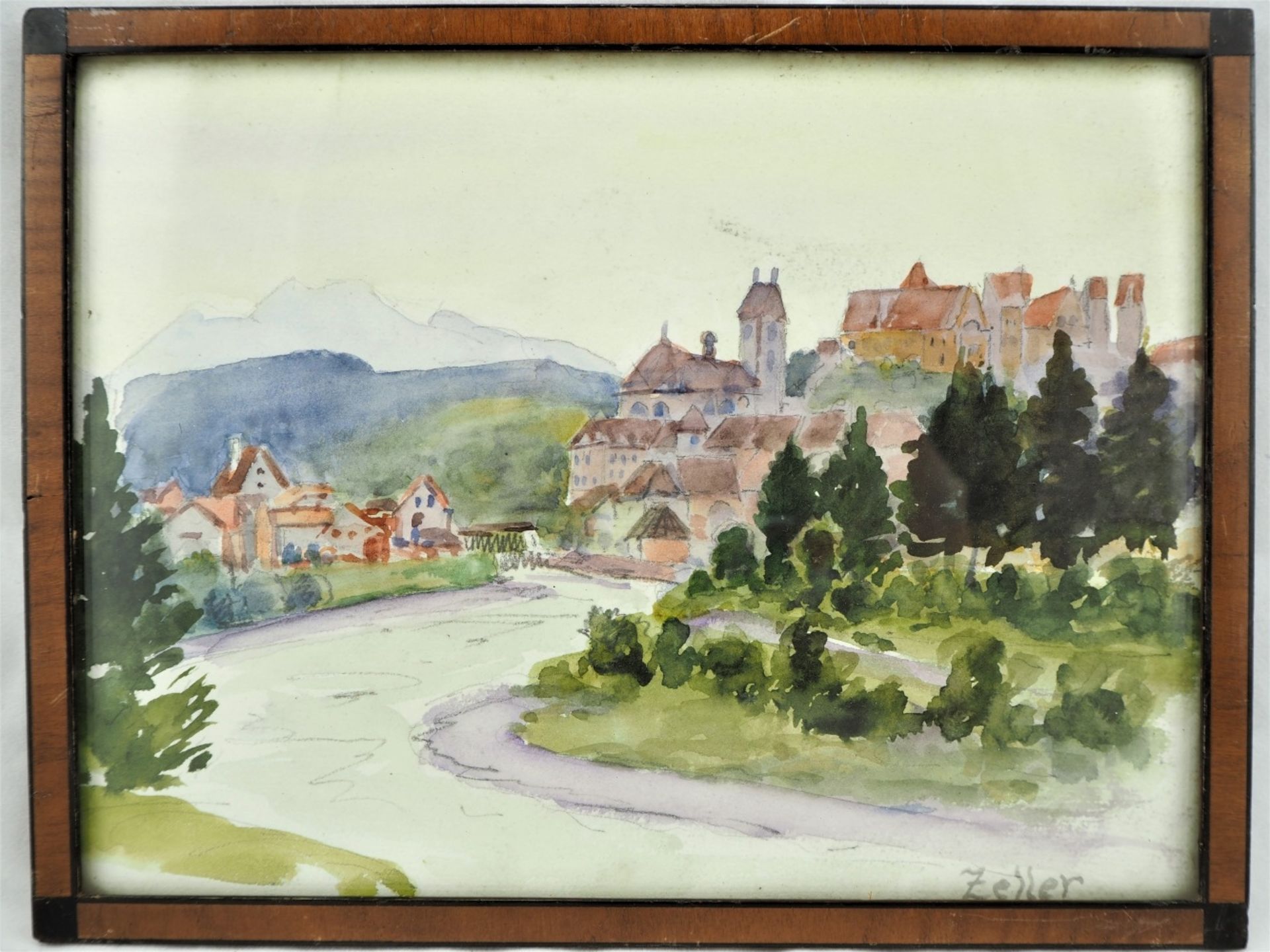 Aquarell Fluss und Stadt, sign. "Zeller"unbekannter Künstler, Aquarell auf Papier, signi