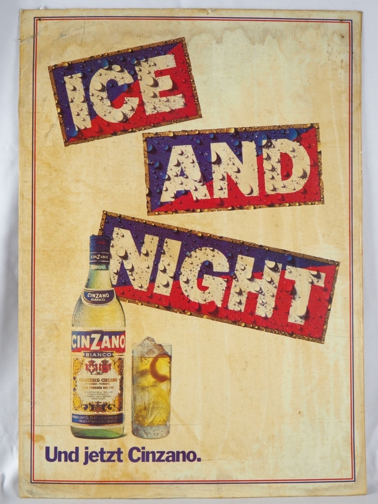 Werbeplakat 50er JahreWerbung für "Cinzano", auf dickem Karton, beschriftet "ice and nig