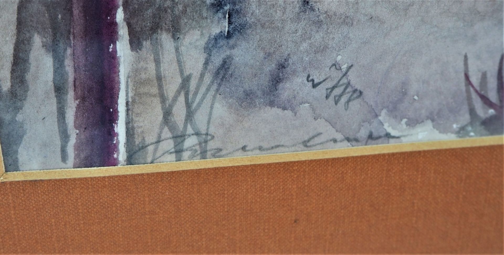 Aquarell Landschaft mit Brücke im Nebel - unleserlich signiertauf Papier. Dezente Farbig - Bild 3 aus 3