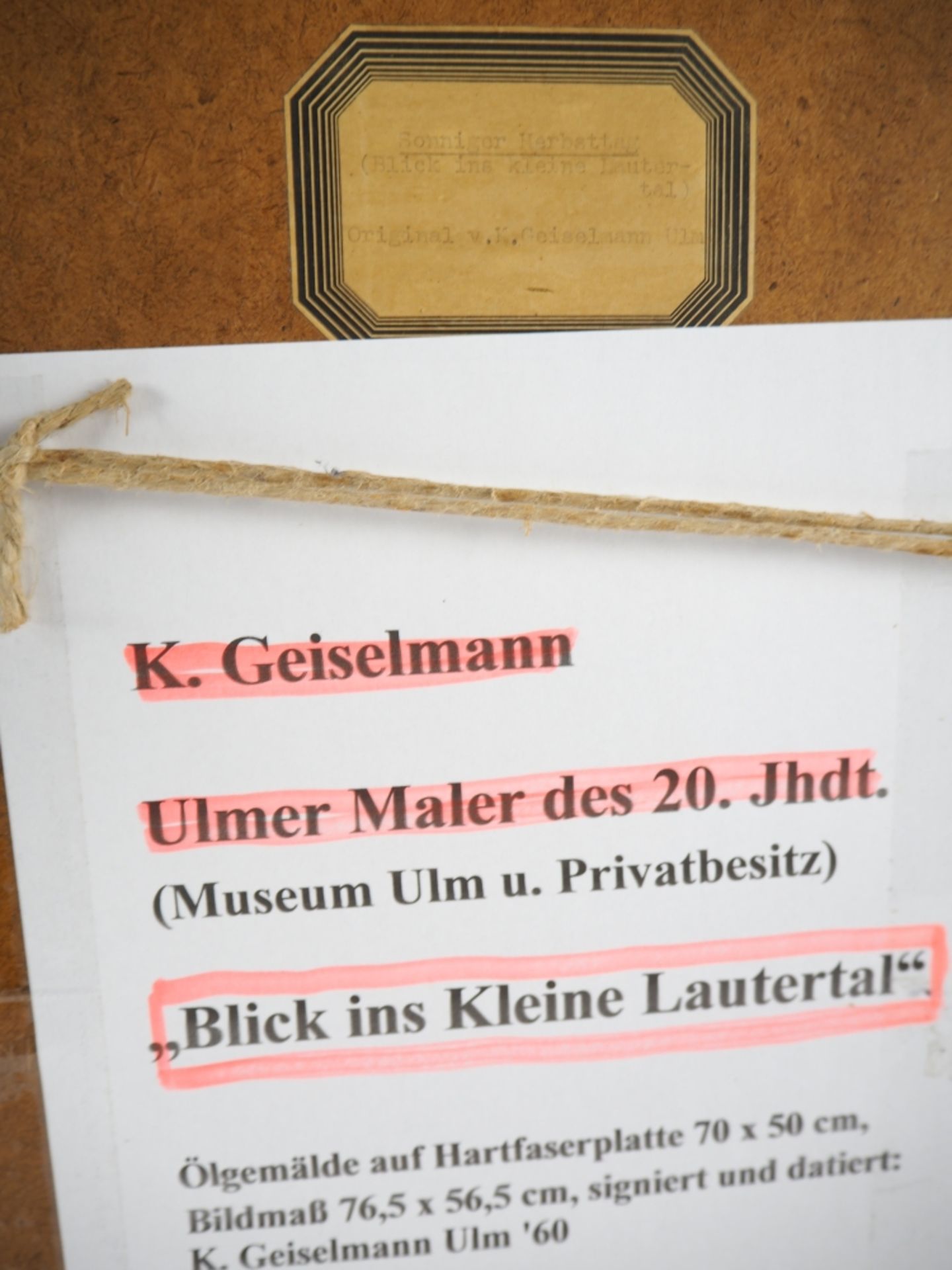 Ansicht Lautertal - sign "K. Geiselmann, Ulm"Öl auf Patte. Farbenfrohe Darstellung des K - Bild 3 aus 3