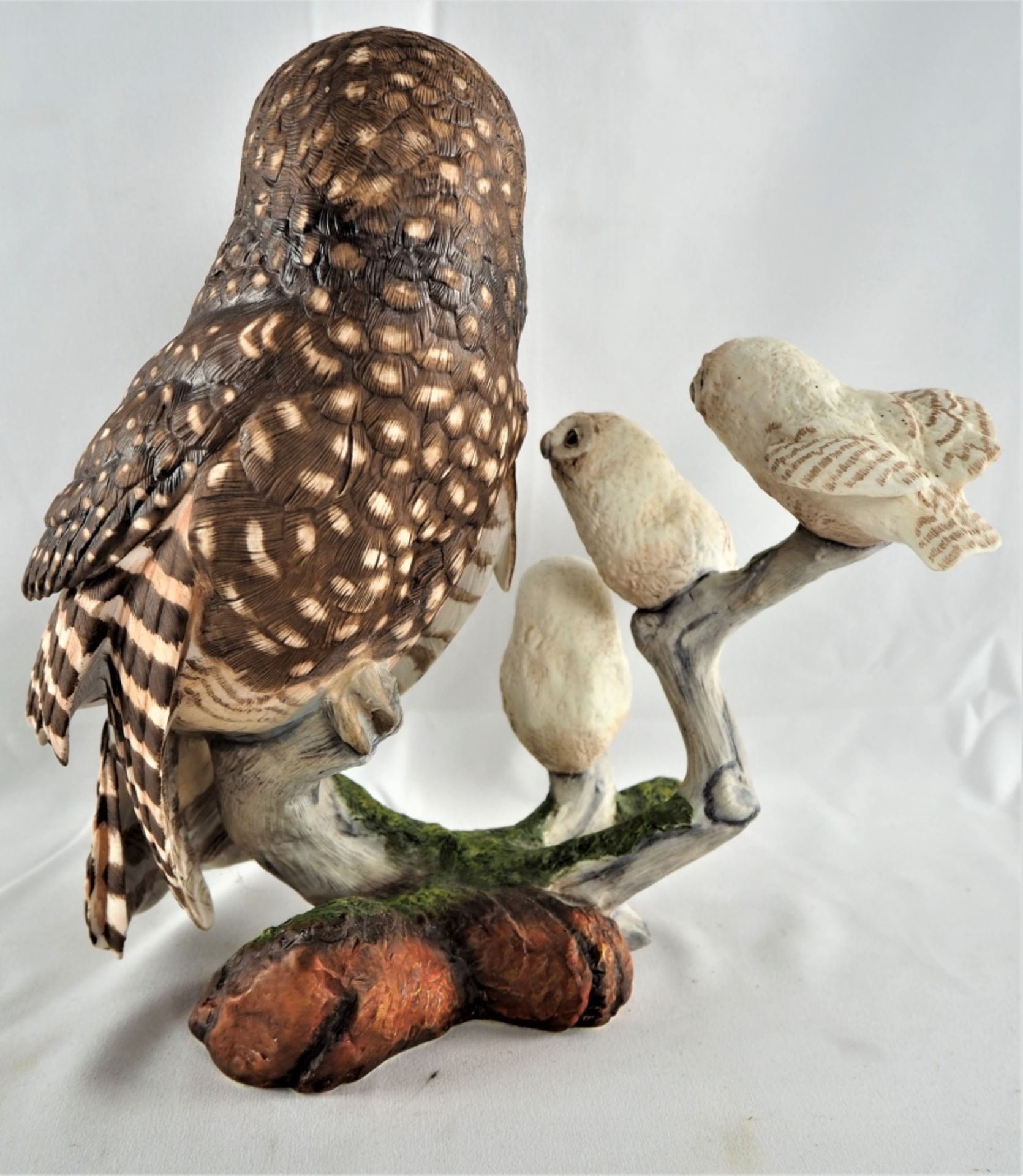 Franklin Mint - "The Spotted Owl", Bisquitporzellan Eule mit drei Jungen auf einem Ast, Franklin - Bild 3 aus 4