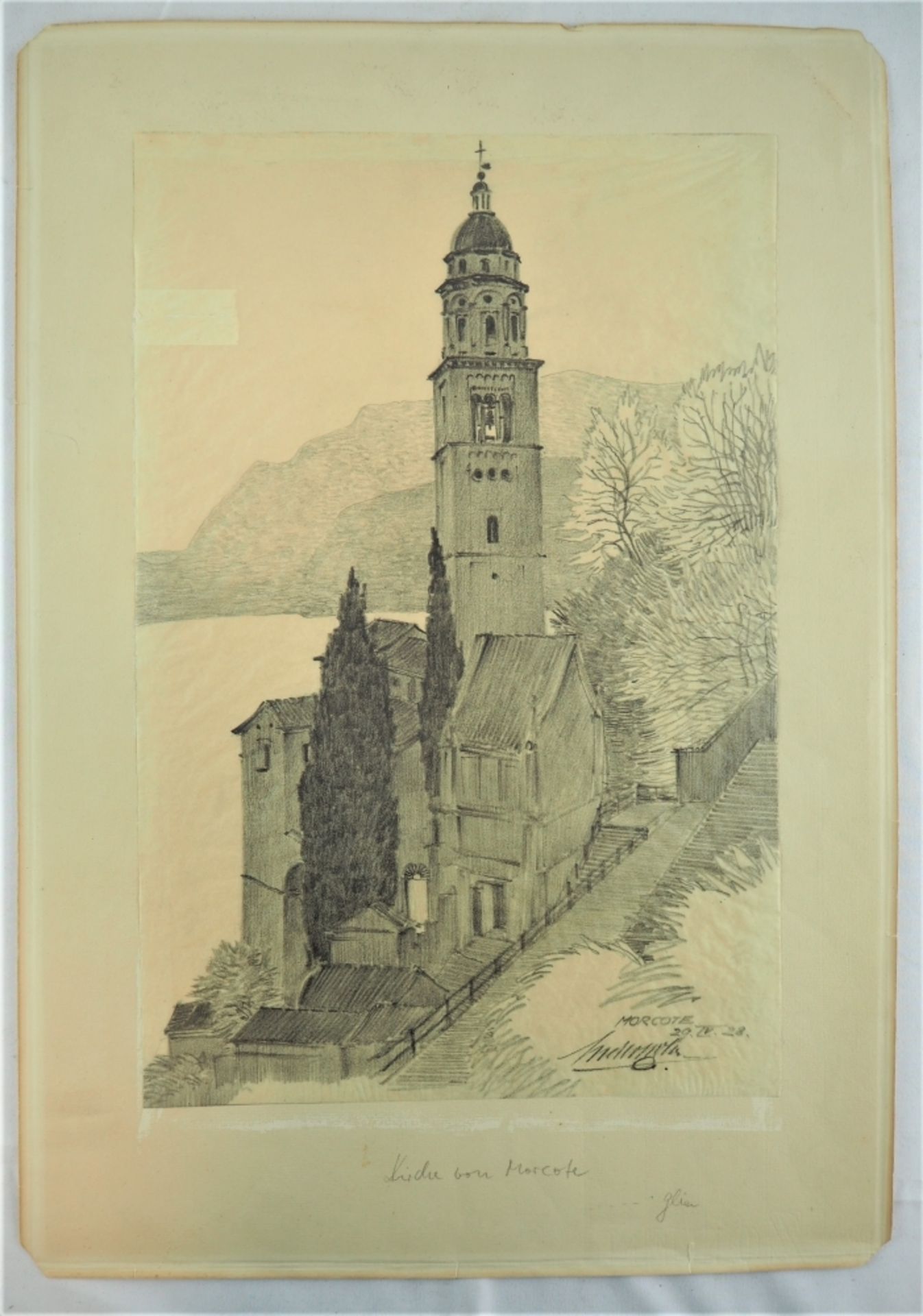 Kirche von Morcote - sign. 1928Bleistift auf Transparentpapier, auf Papier befestigt, un